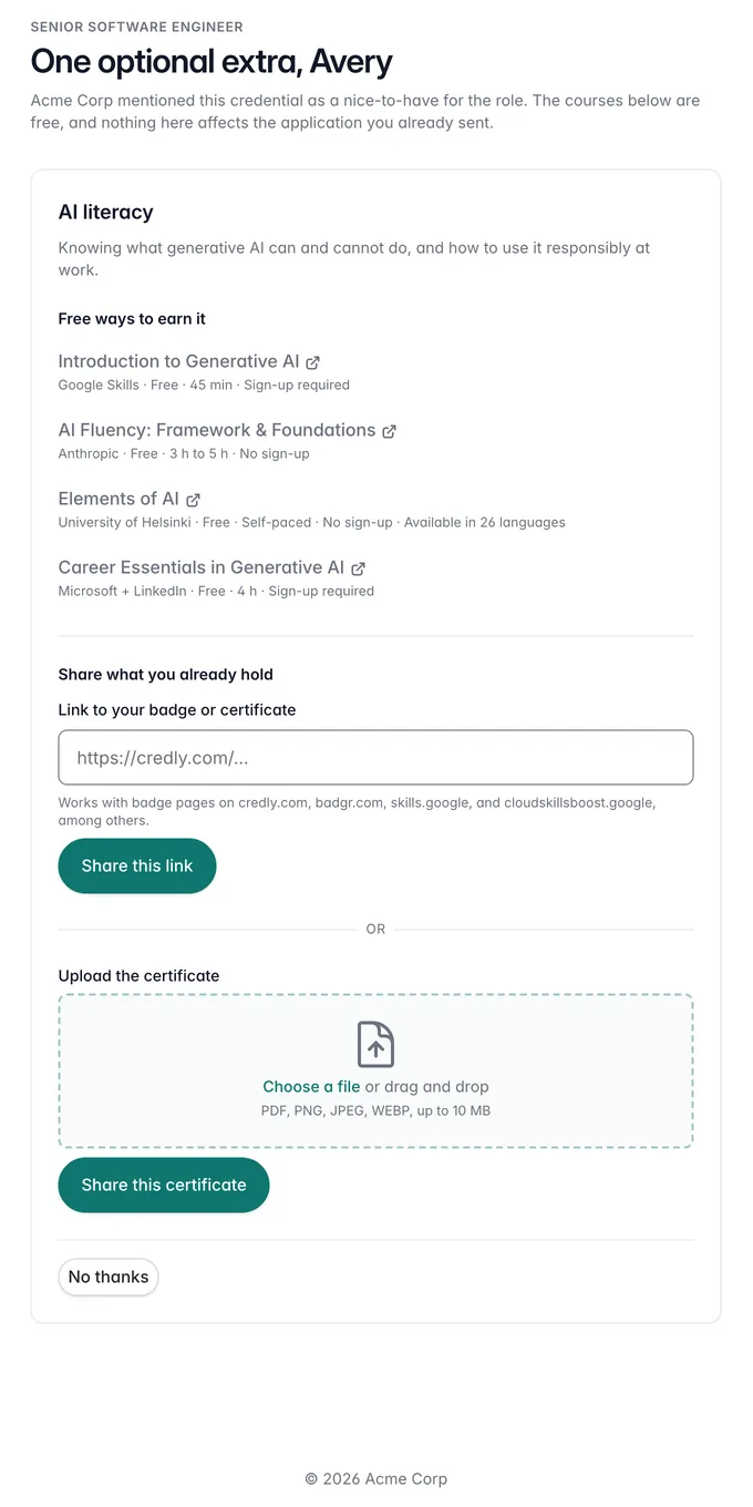 The page a candidate opens, showing the recommended credential, four free courses with their length and language, a field for a badge link, an upload area for a certificate, and a “No thanks” button