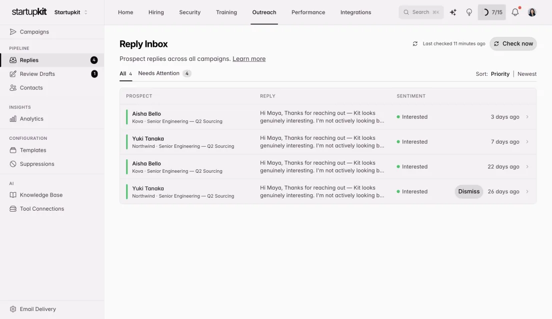 Kit outreach reply inbox: prospect replies across every campaign, priority-ordered, each tagged with a detected sentiment such as Interested.