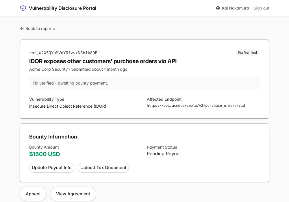 Kit vulnerability disclosure portal: an IDOR report marked Fix Verified with a $1,500 bounty, payment status pending payout, and buttons to update payout info or upload a tax document.
