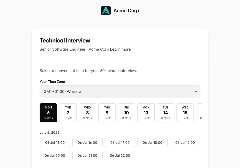 Candidate choosing an interview time from the hiring team's real availability