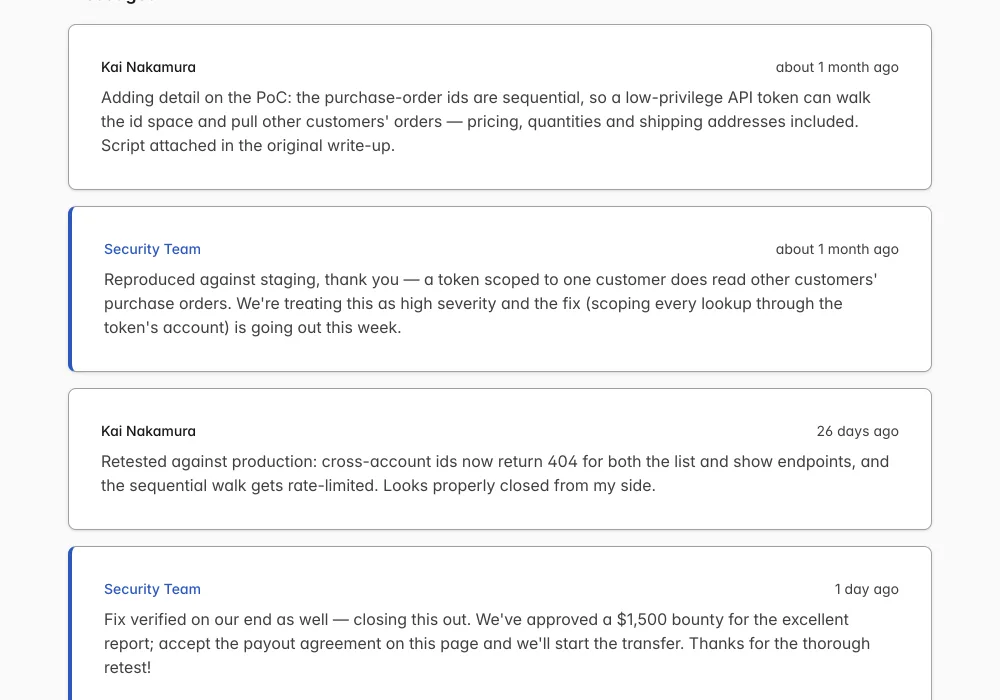 Message thread on a vulnerability report, the security researcher and the team replying in turn, ending with a $1,500 bounty approved