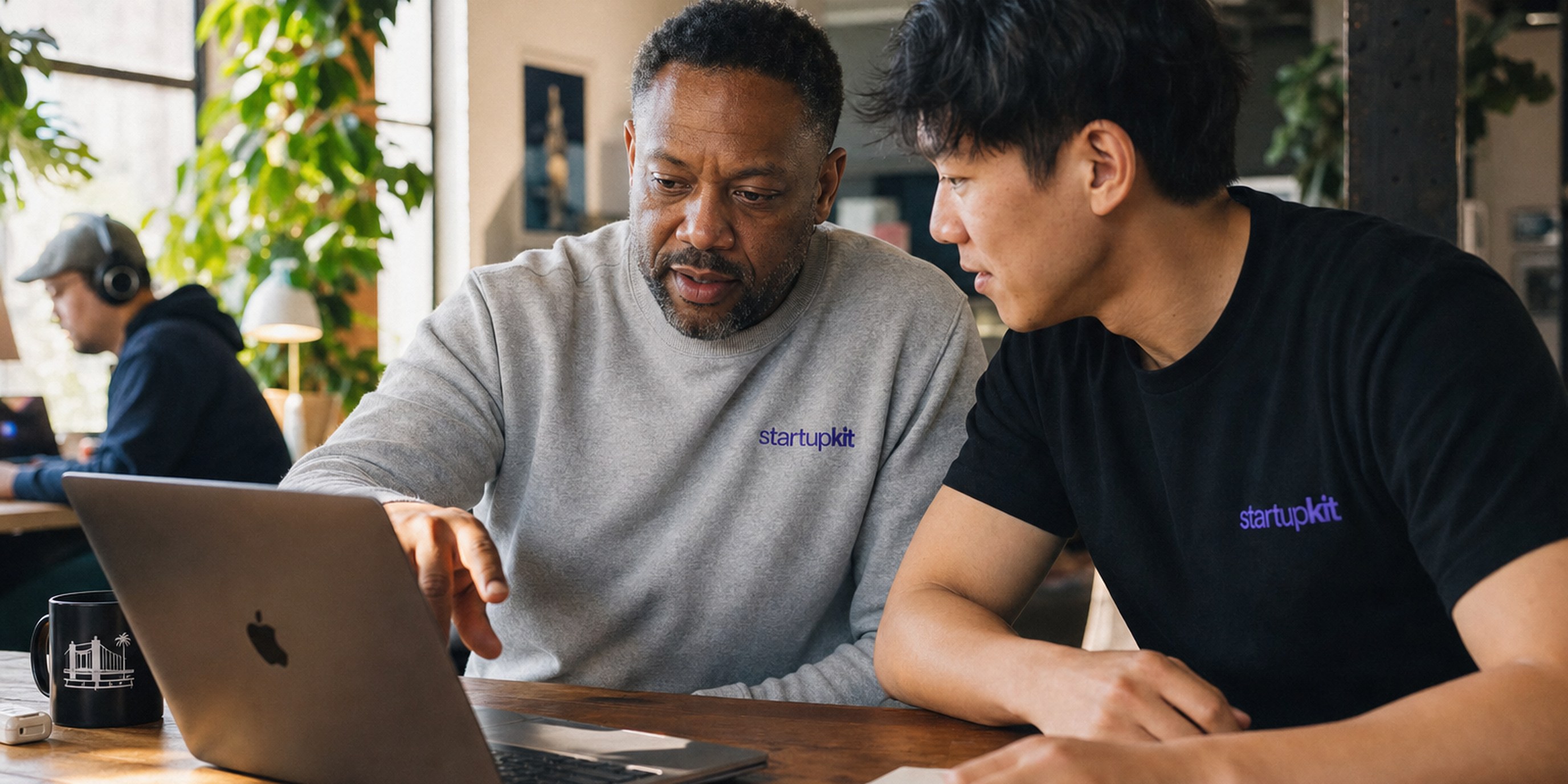 Two startup hiring managers reviewing an AI-generated interview transcript summary together on a laptop before making the advance-or-reject call themselves, in a plant-filled San Francisco studio office