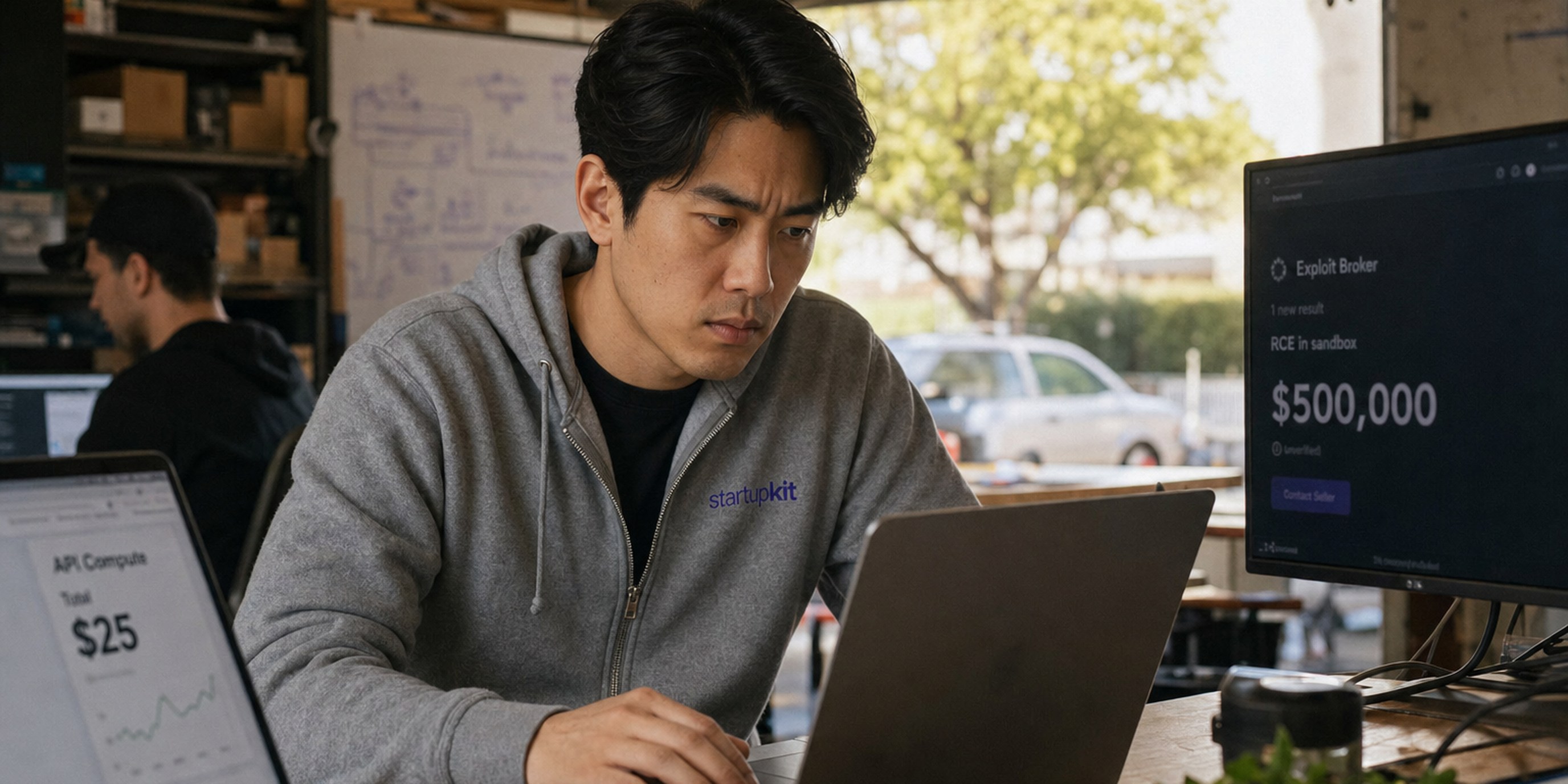 A security engineer at a garage workbench comparing a $25 compute receipt against a $500,000 exploit-broker price sheet on a second monitor, morning light through the open garage door