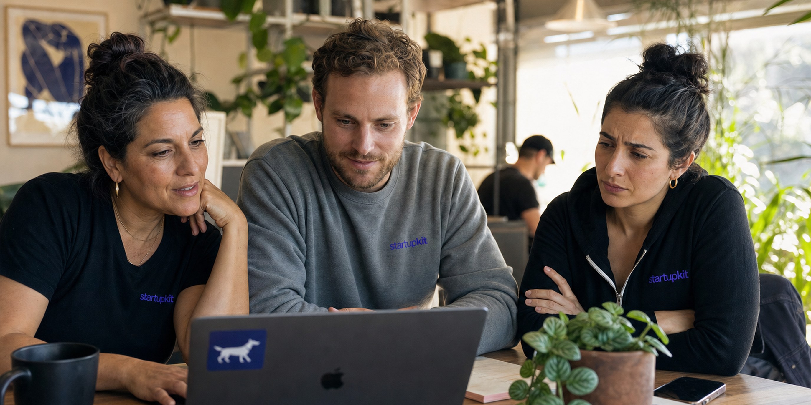 Three startup hiring teammates around a laptop showing a confident 94 out of 100 AI candidate score in a plant-filled sunlit studio, two leaning in and nodding while the third sits back looking unconvinced