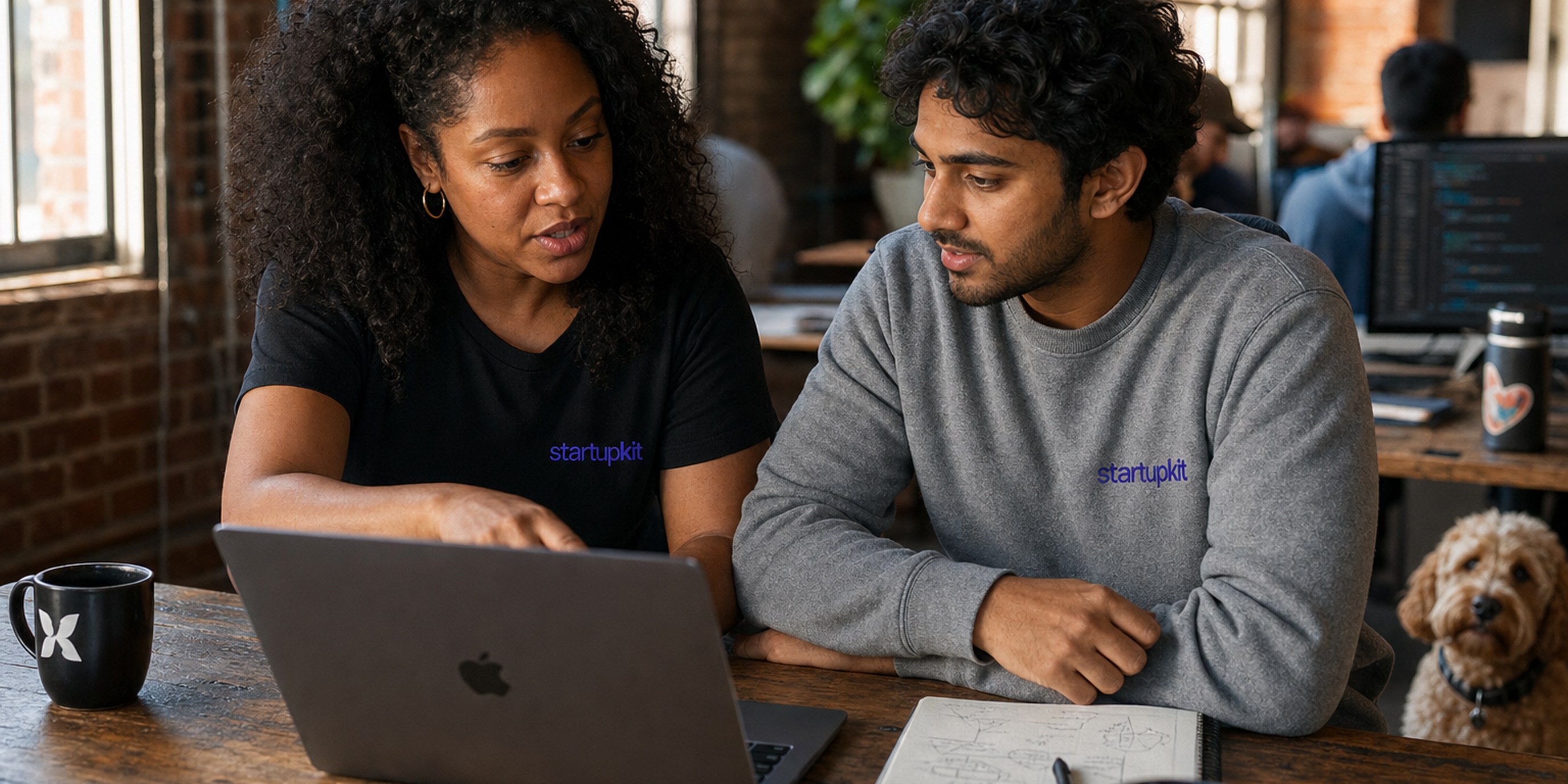 Two startup engineers at a sunlit SOMA loft desk reviewing a candidate's code assignment together on a laptop, talking through the logic line by line