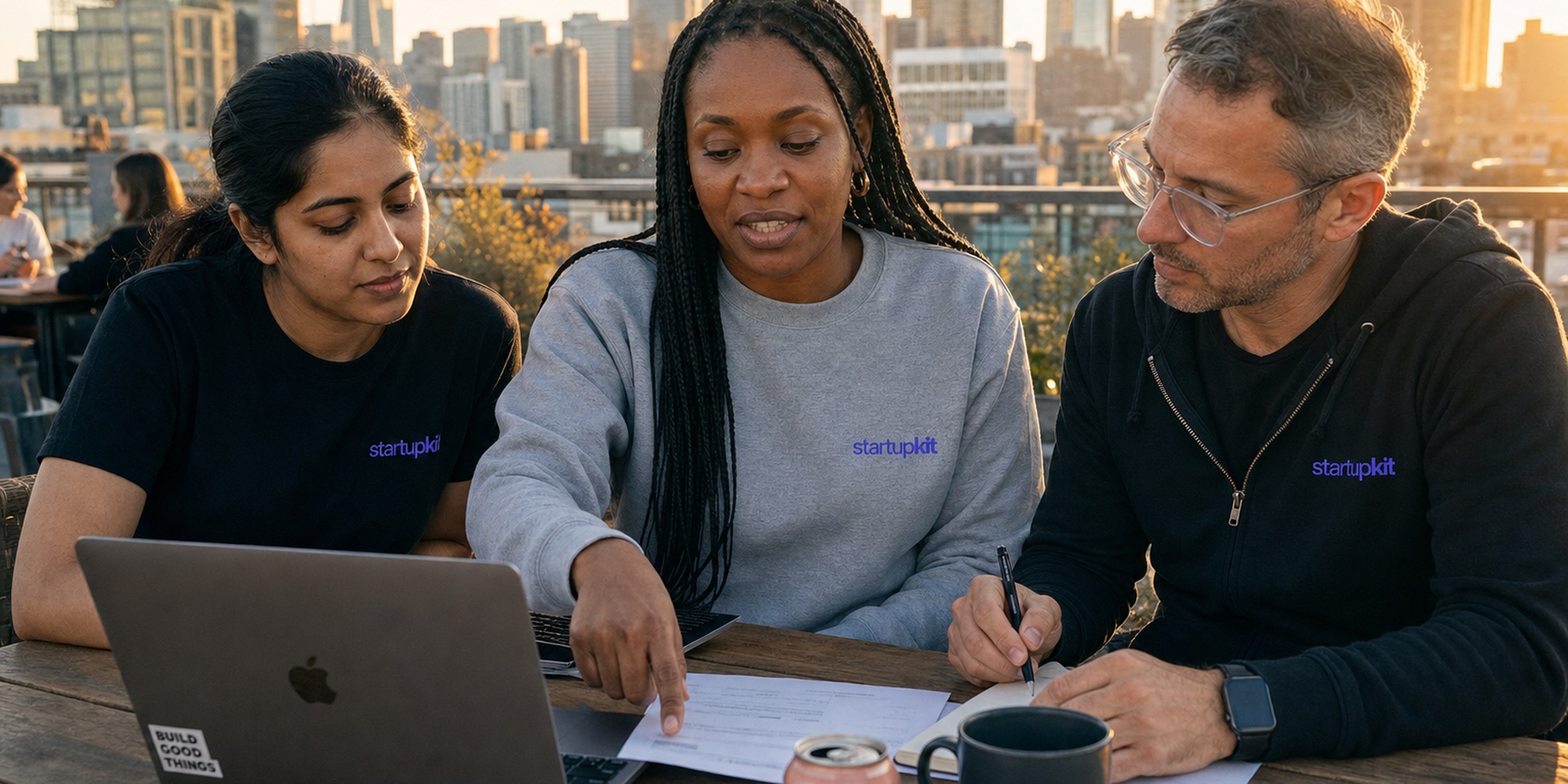 A startup head of people reviewing an AI-generated candidate summary on her laptop, adding a written rationale before making the call herself, in a sunlit San Francisco loft office