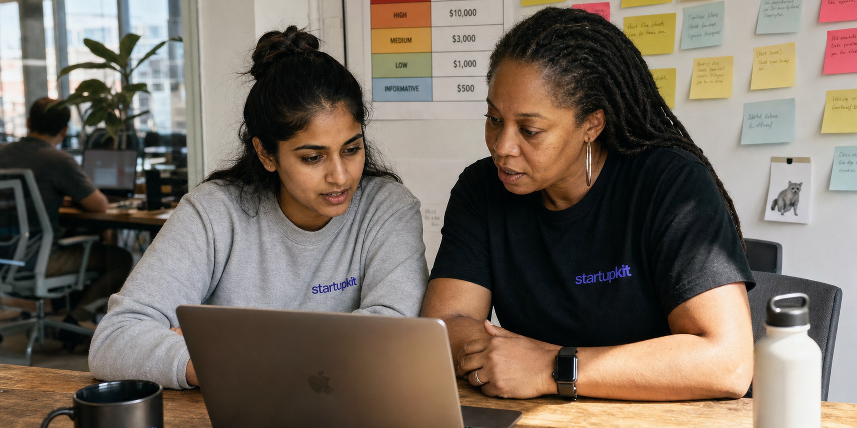 Two security engineers at a sunlit San Francisco startup desk reviewing a published bug bounty reward tier table on a laptop