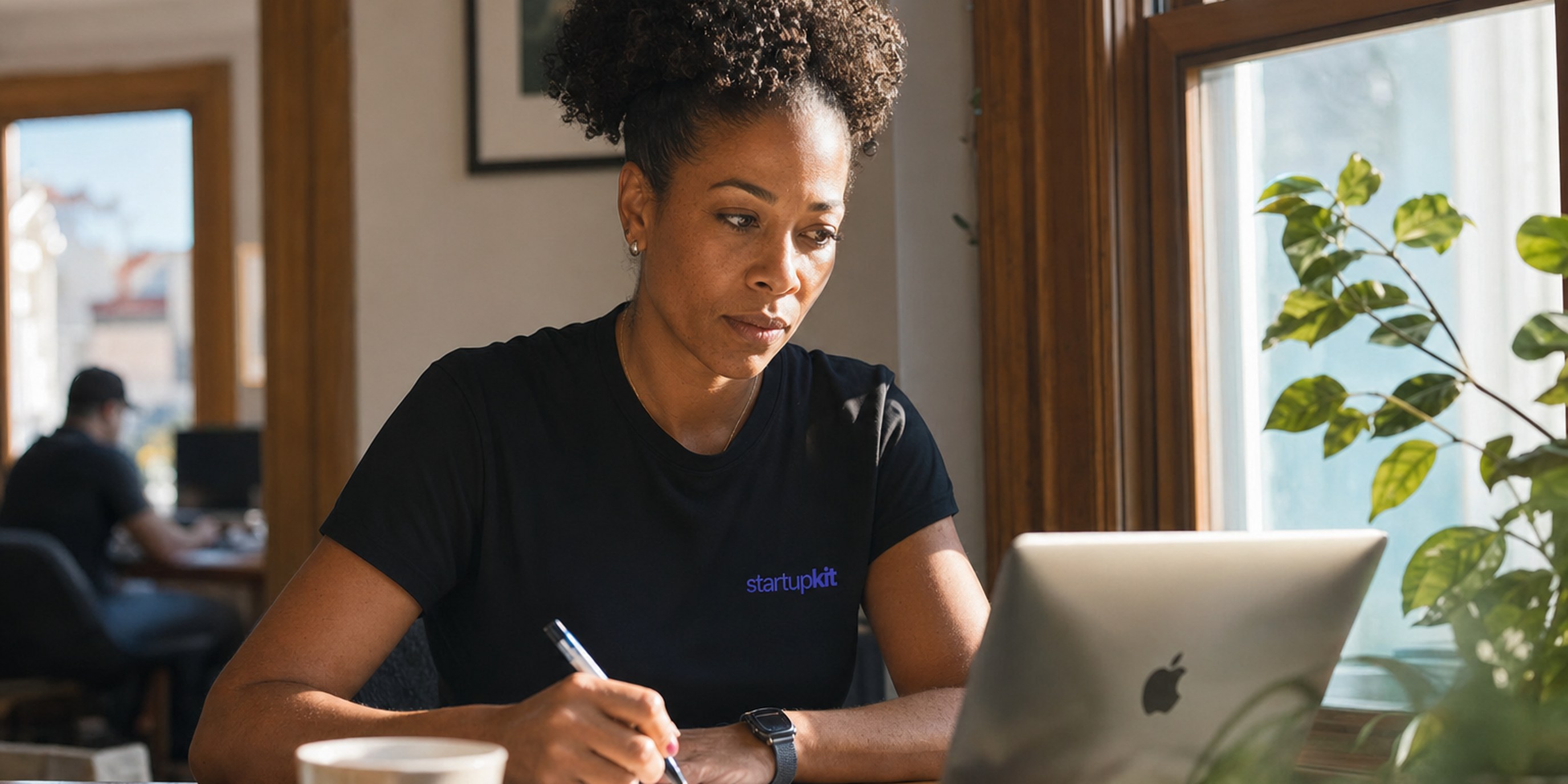 A startup founder writes a personalized, specific rejection email to a candidate at a sunlit home-office desk instead of sending a boilerplate auto-reply