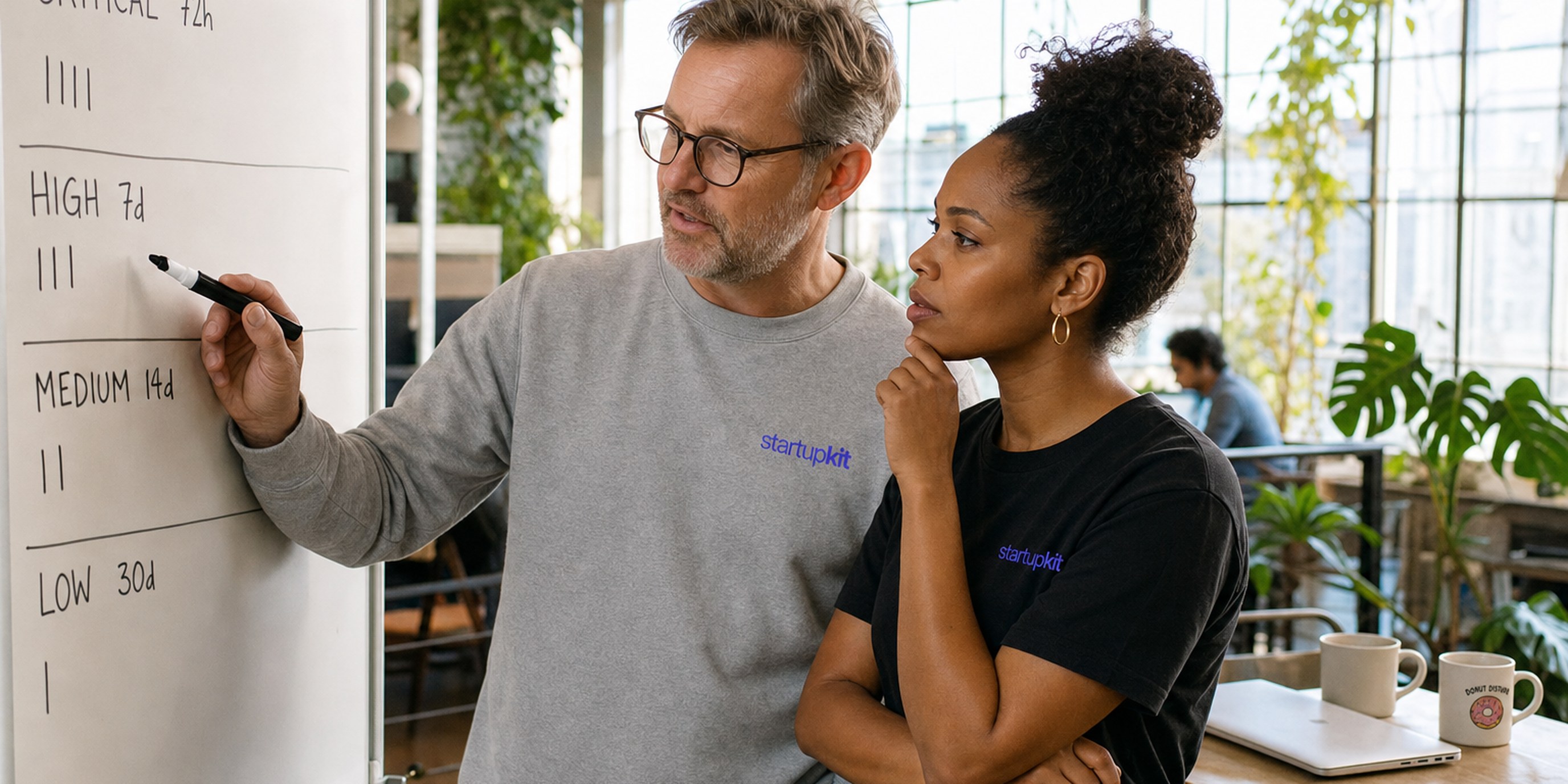 Two security leads at a whiteboard on a plant-filled co-working mezzanine, reviewing hand-drawn severity queue rows labeled critical 72h, high 7d and medium 14d in morning light