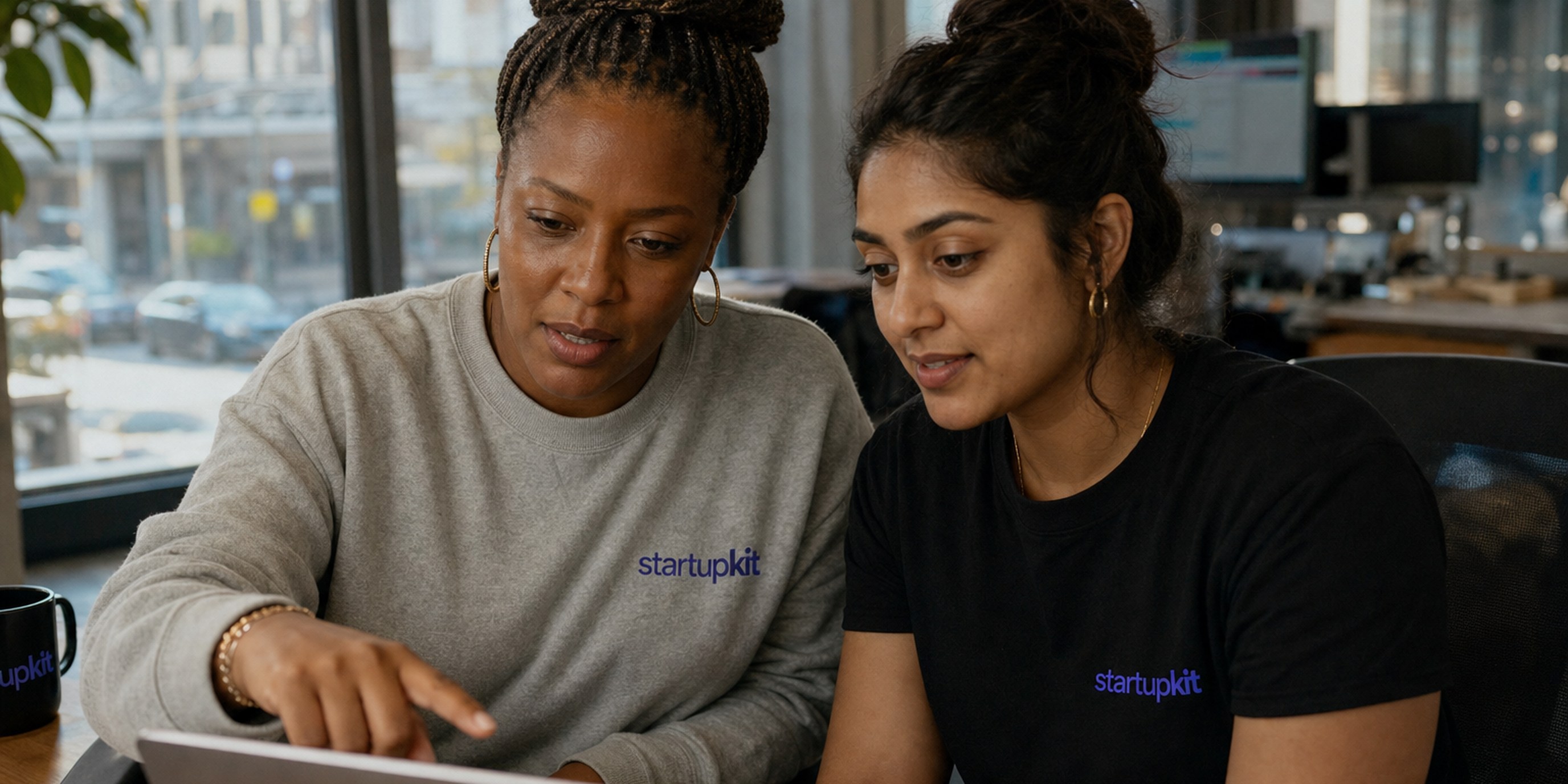 A talent acquisition lead studying two side-by-side video interview frames of the same candidate on her laptop, spotting a mismatch between rounds