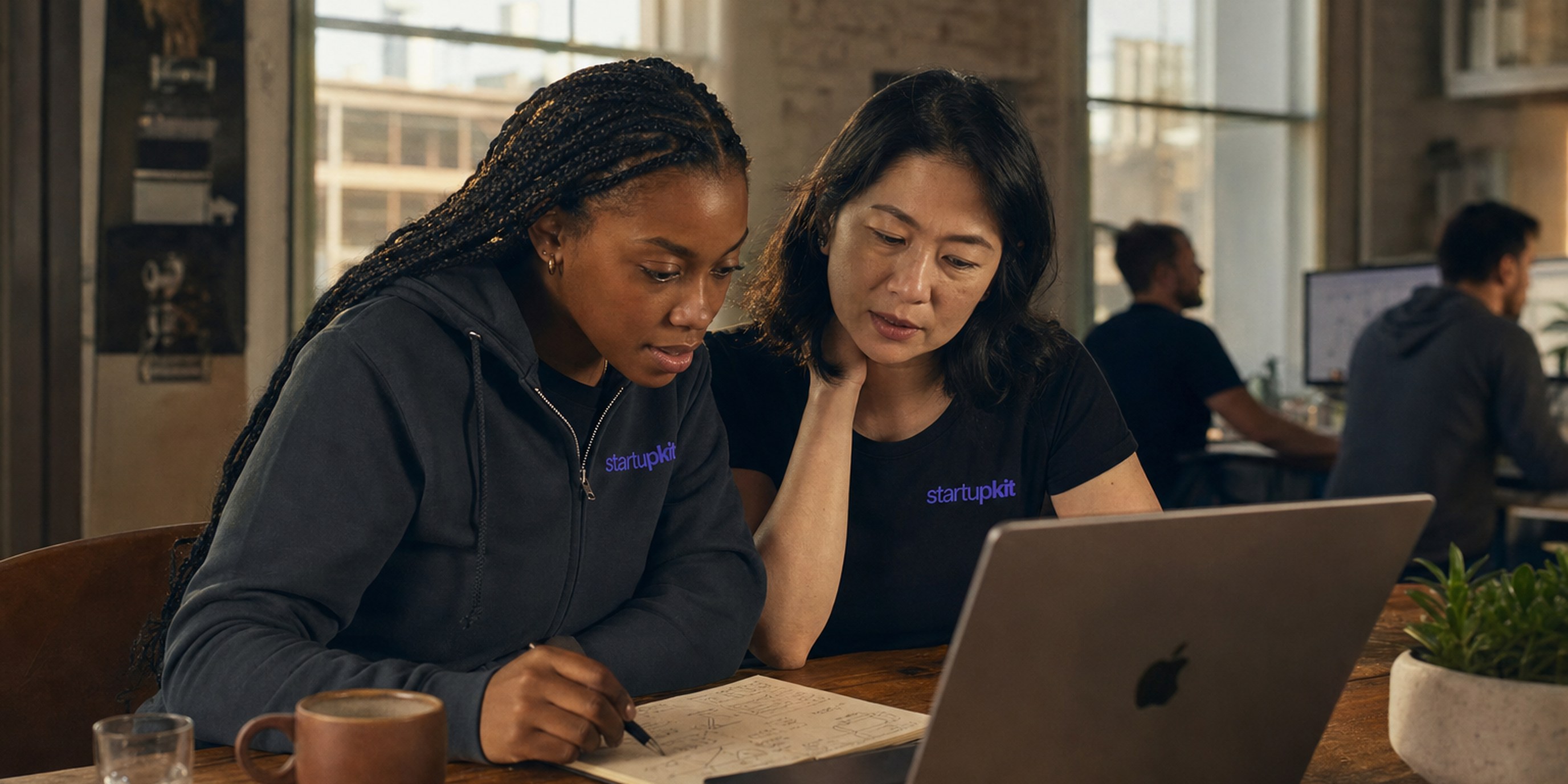Two startup engineers at a sunlit San Francisco loft desk reviewing a system-design diagram together on a laptop