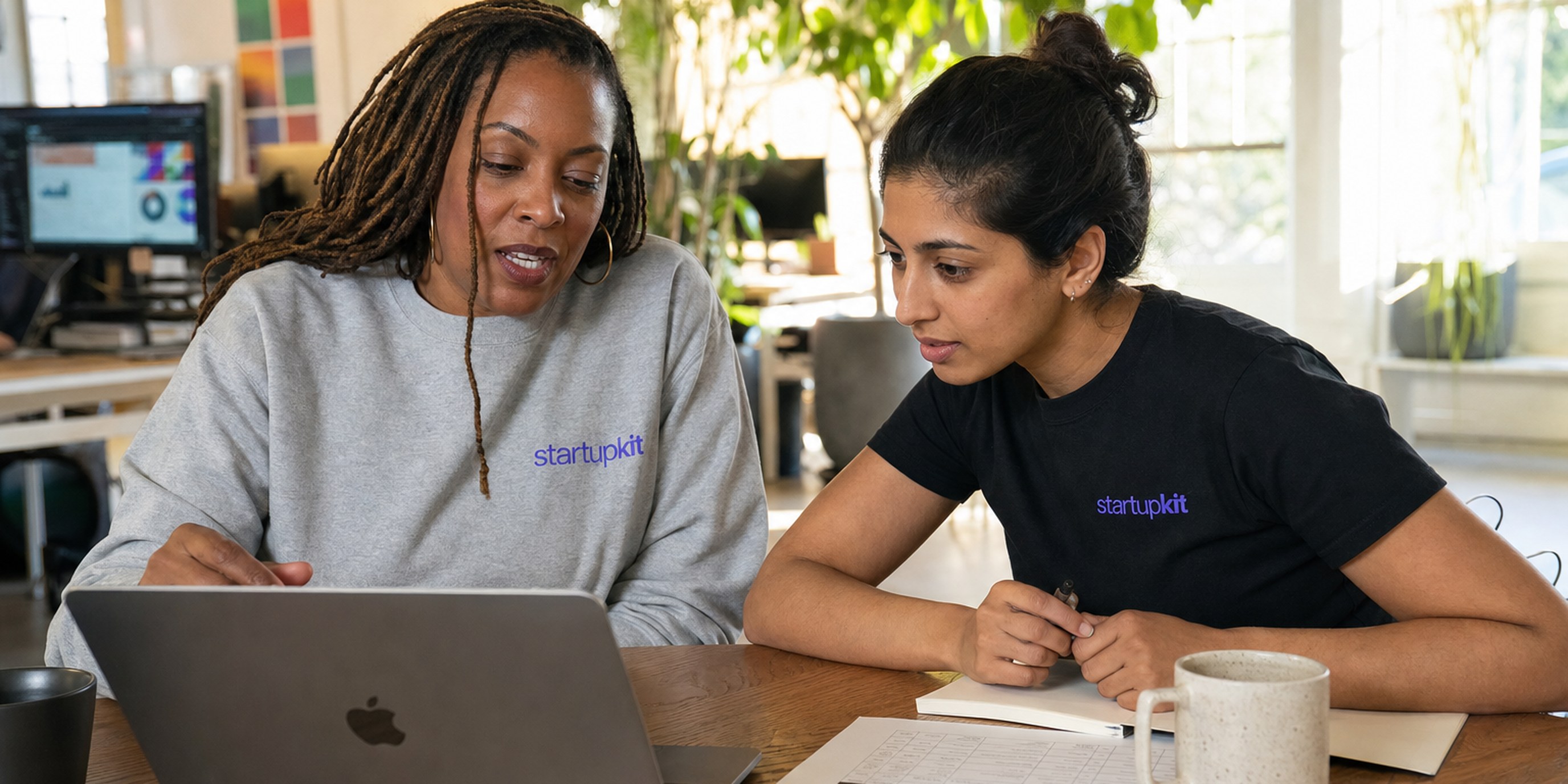 A head of talent and a hiring manager reviewing a candidate decision record together on a laptop, with named scoring criteria, a human reviewer's rationale, and a timestamped event history visible on screen