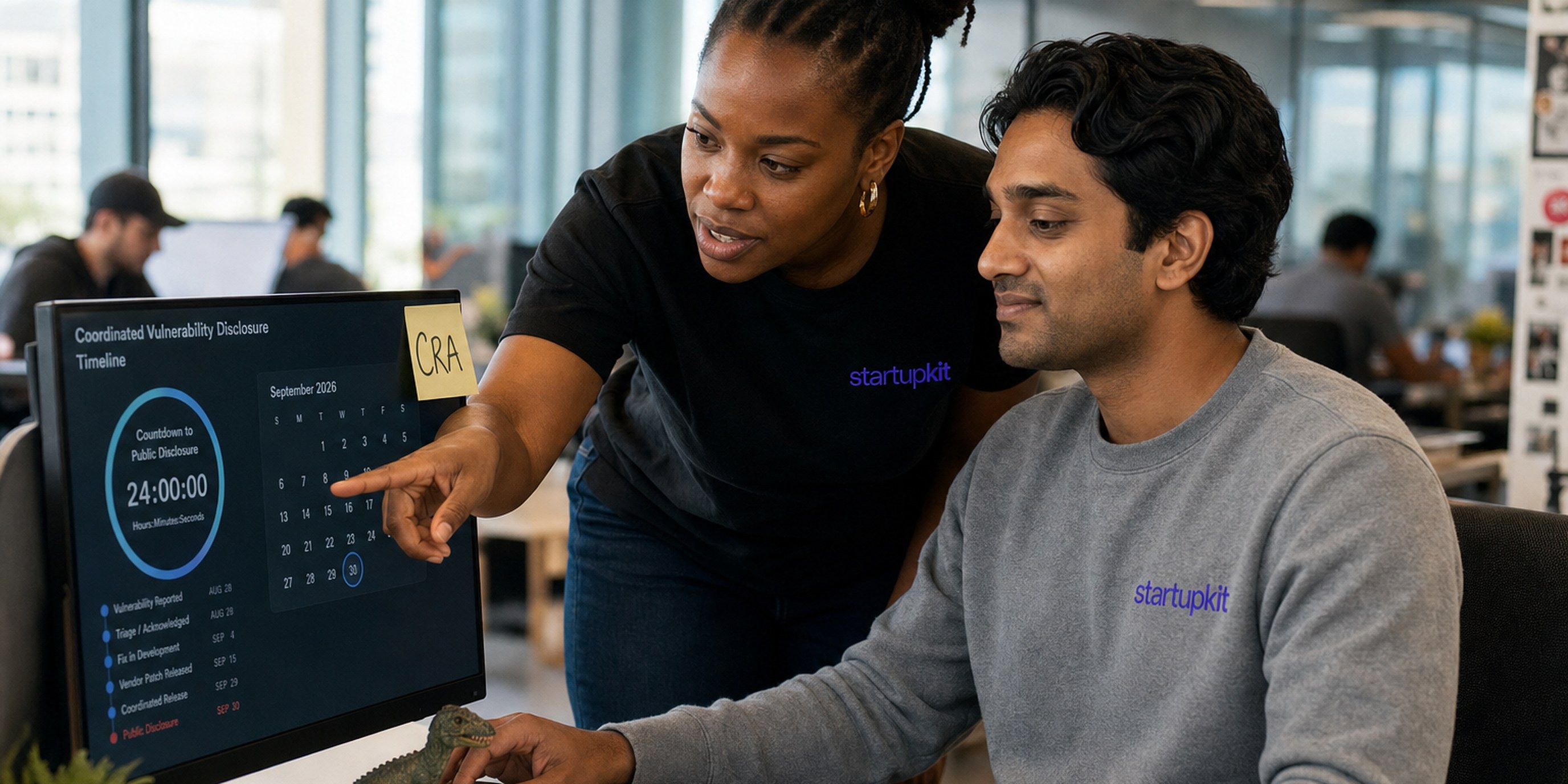 Founder at a startup desk reviewing a coordinated vulnerability disclosure timeline on screen with a 24-hour reporting clock and the EU CRA deadline marked