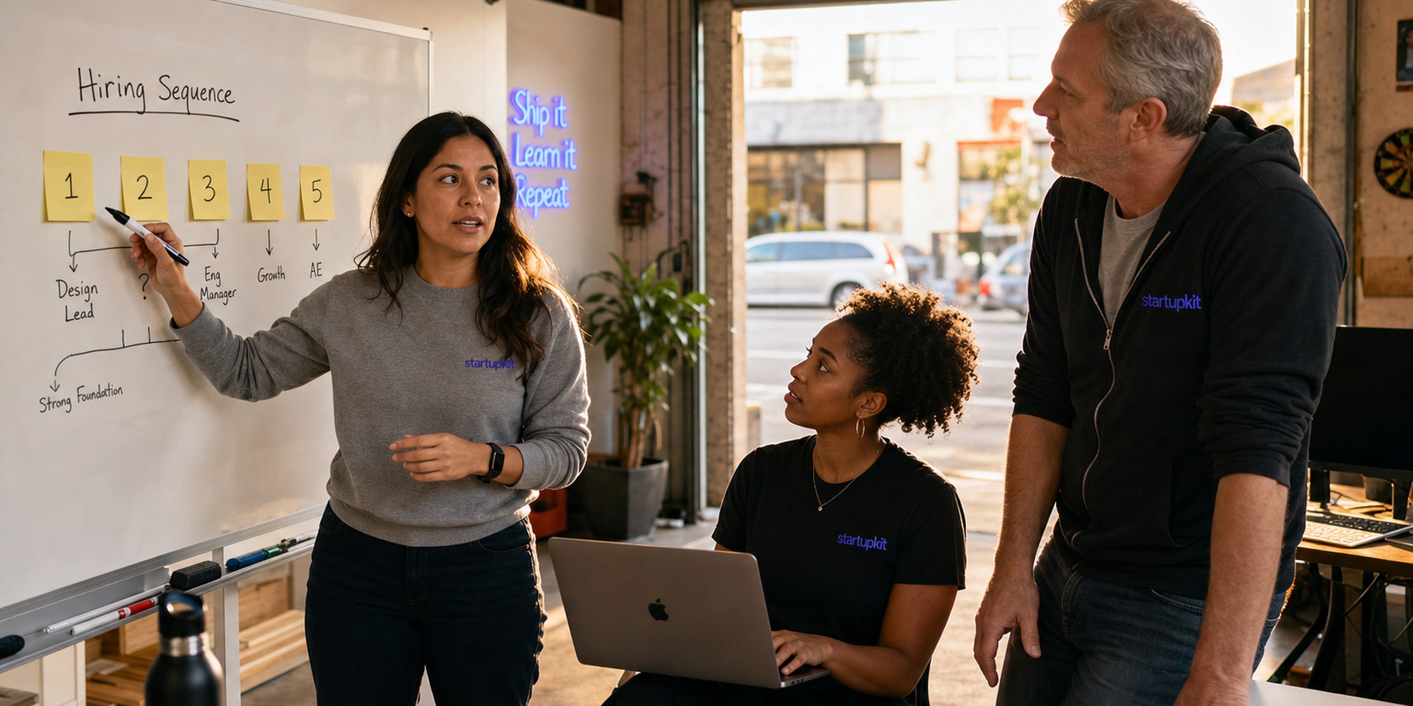 Startup founder mapping her first five hires on a whiteboard, numbering roles from founding engineer to first account executive