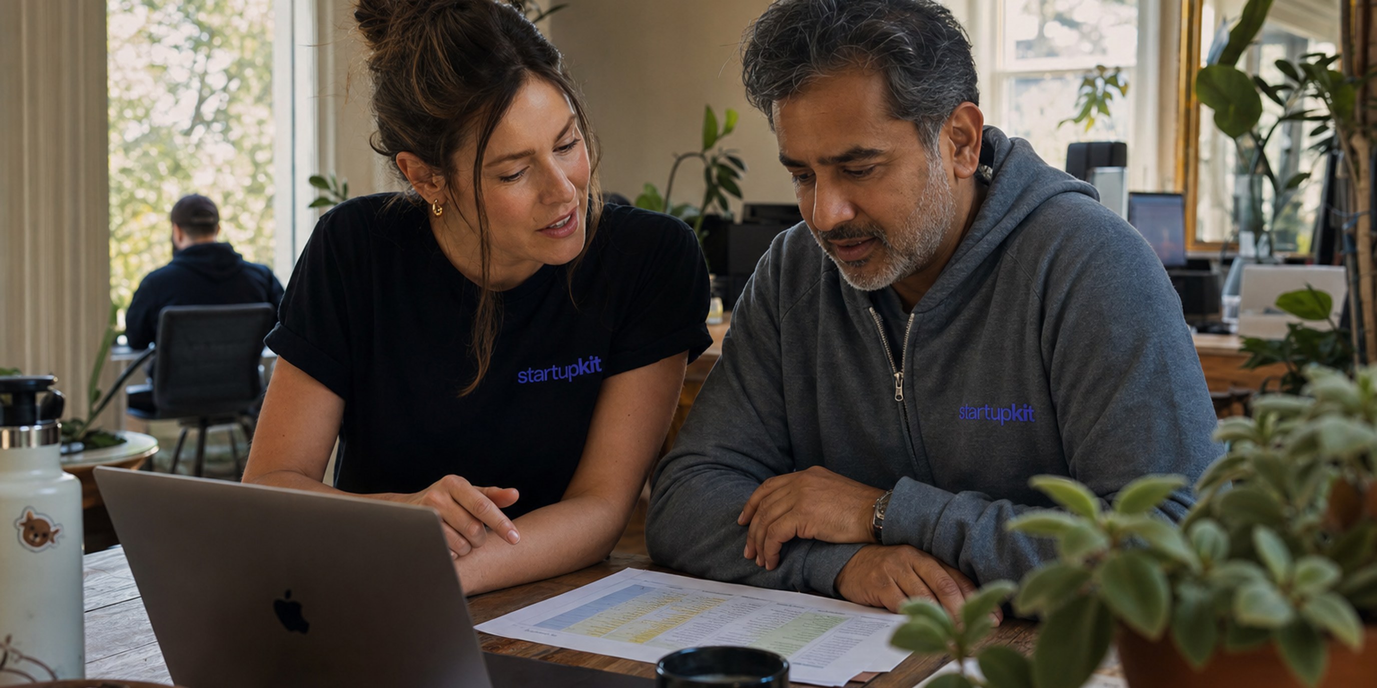 A woman startup founder and her first engineer at a plant-filled home office desk, comparing a printed salary benchmark table with cash and equity columns against a cap-table on a laptop in soft morning light