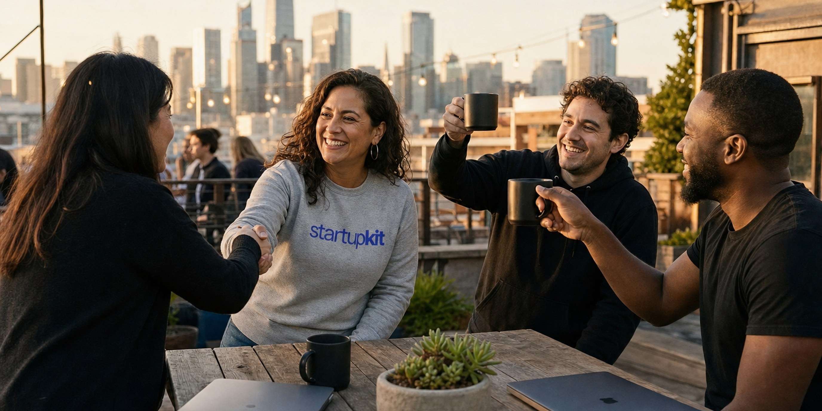 Three male startup cofounders on an SF rooftop at golden hour, gathered around a laptop showing a rising revenue chart as they mark up a printed headcount plan