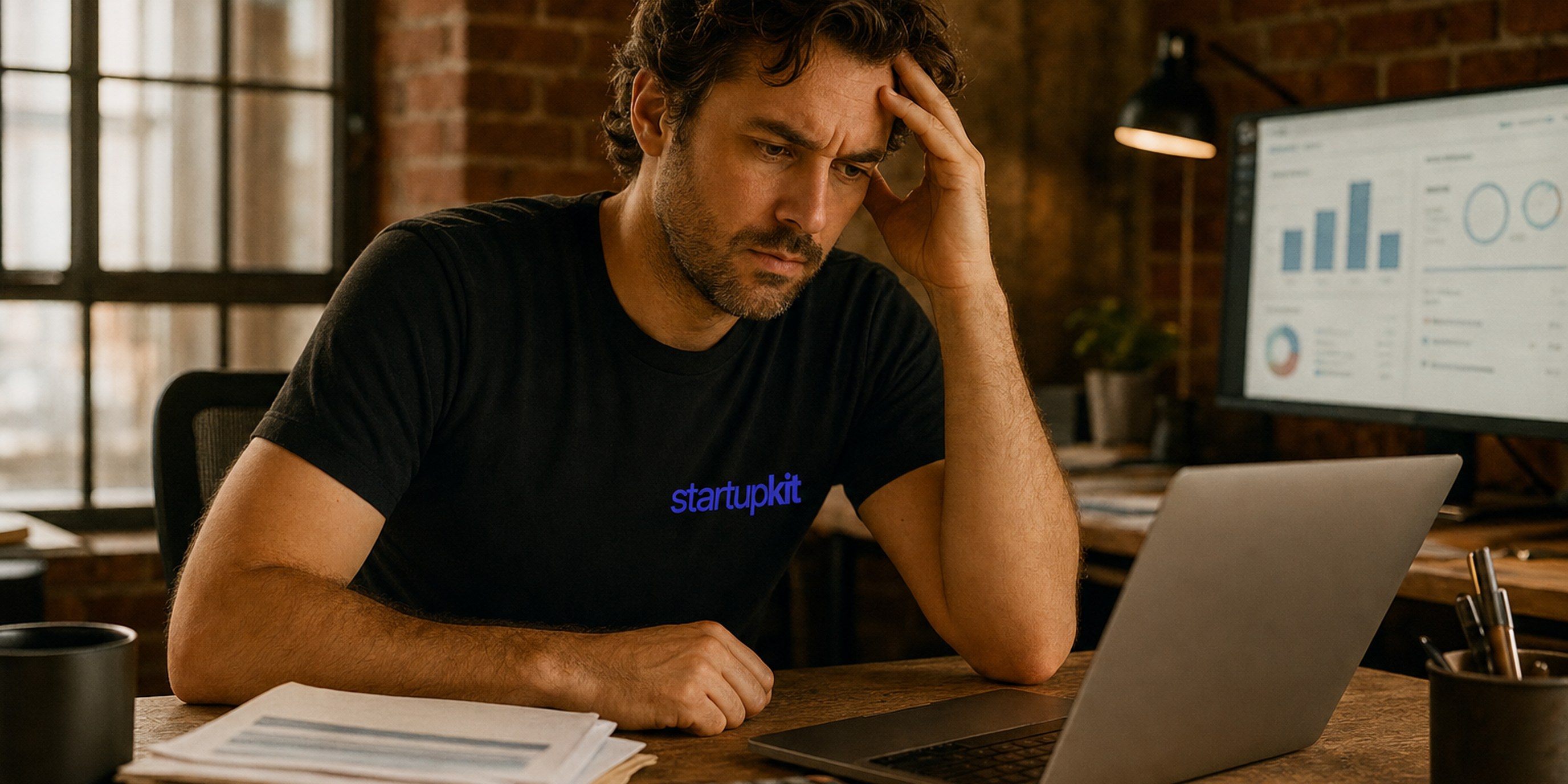 Startup founder in a startupkit tee reviewing software invoices at a laptop