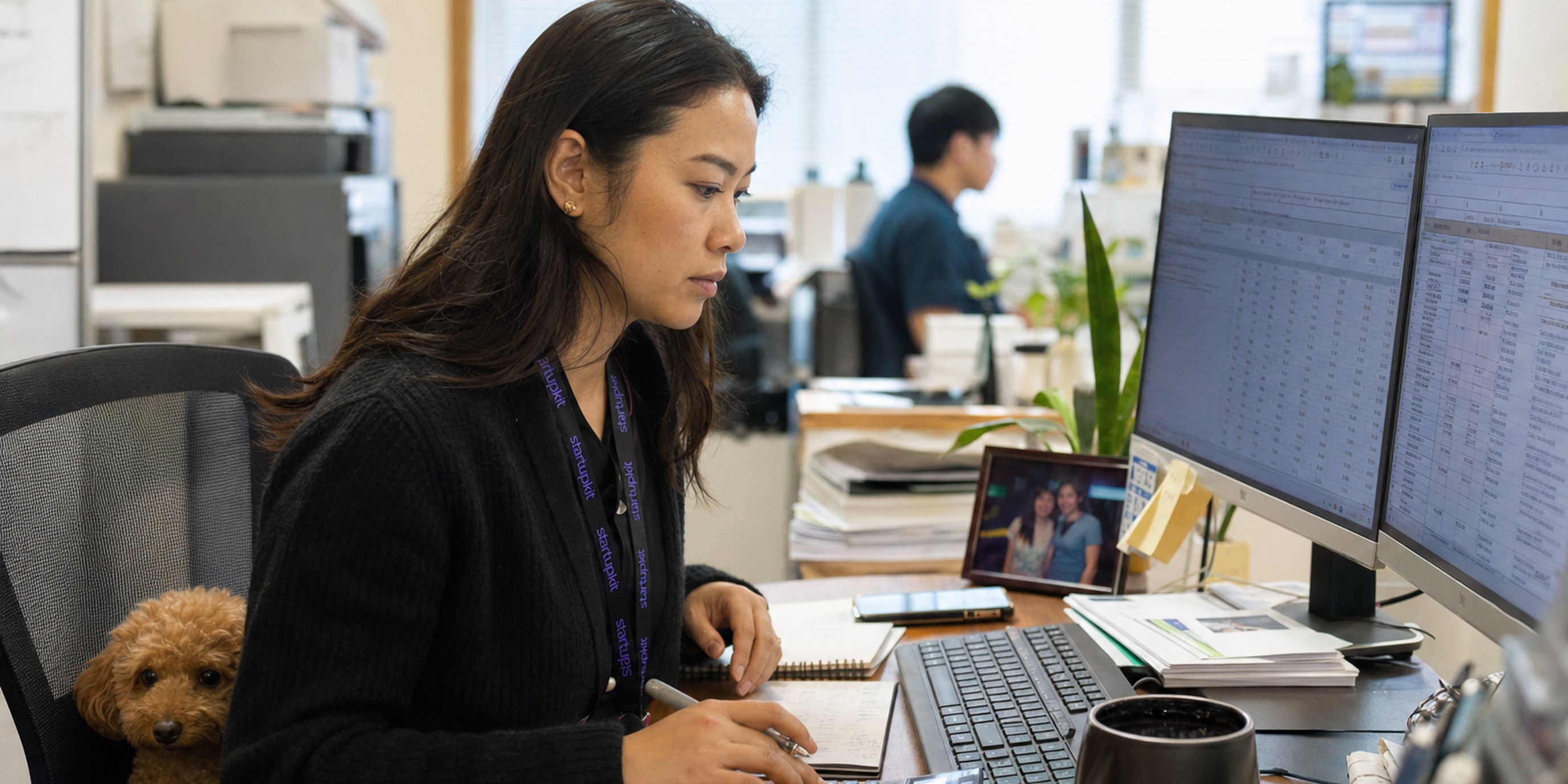 Accountant reviewing a month-end close on dual monitors with reconciliation spreadsheets and a calculator at a small finance team's office