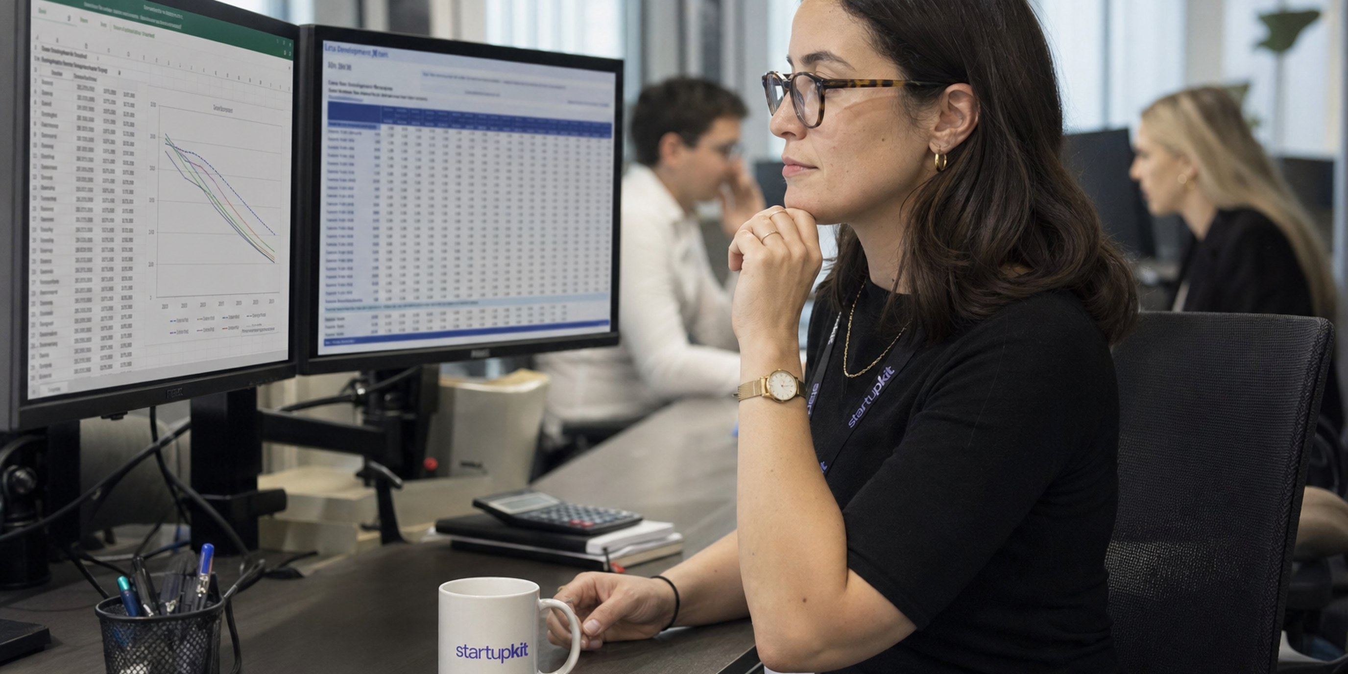 A credentialed actuary reviewing a loss-development model and reserve tables on dual monitors at an insurer's office