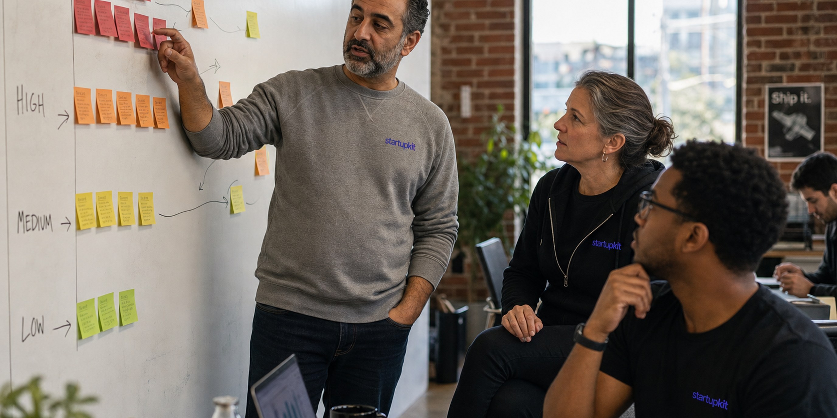 A security team gathers at a whiteboard covered in severity-tier sticky notes, triaging vulnerability reports together in a sunlit loft