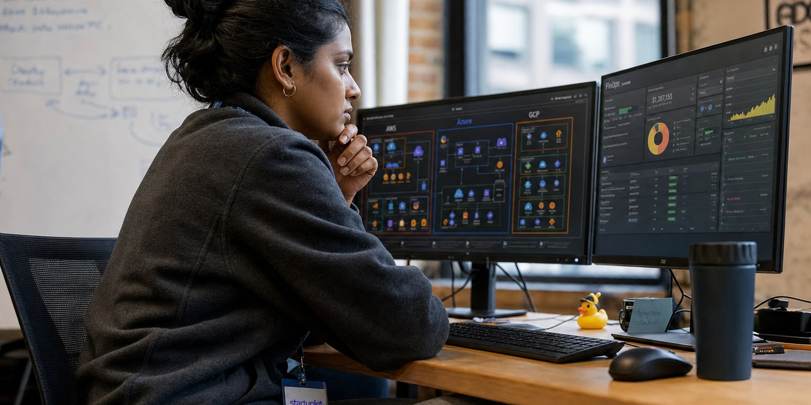 Cloud infrastructure engineer candidate reviewing a multi-cloud AWS, Azure, and GCP architecture diagram and FinOps cost dashboard on dual monitors during a hiring assessment