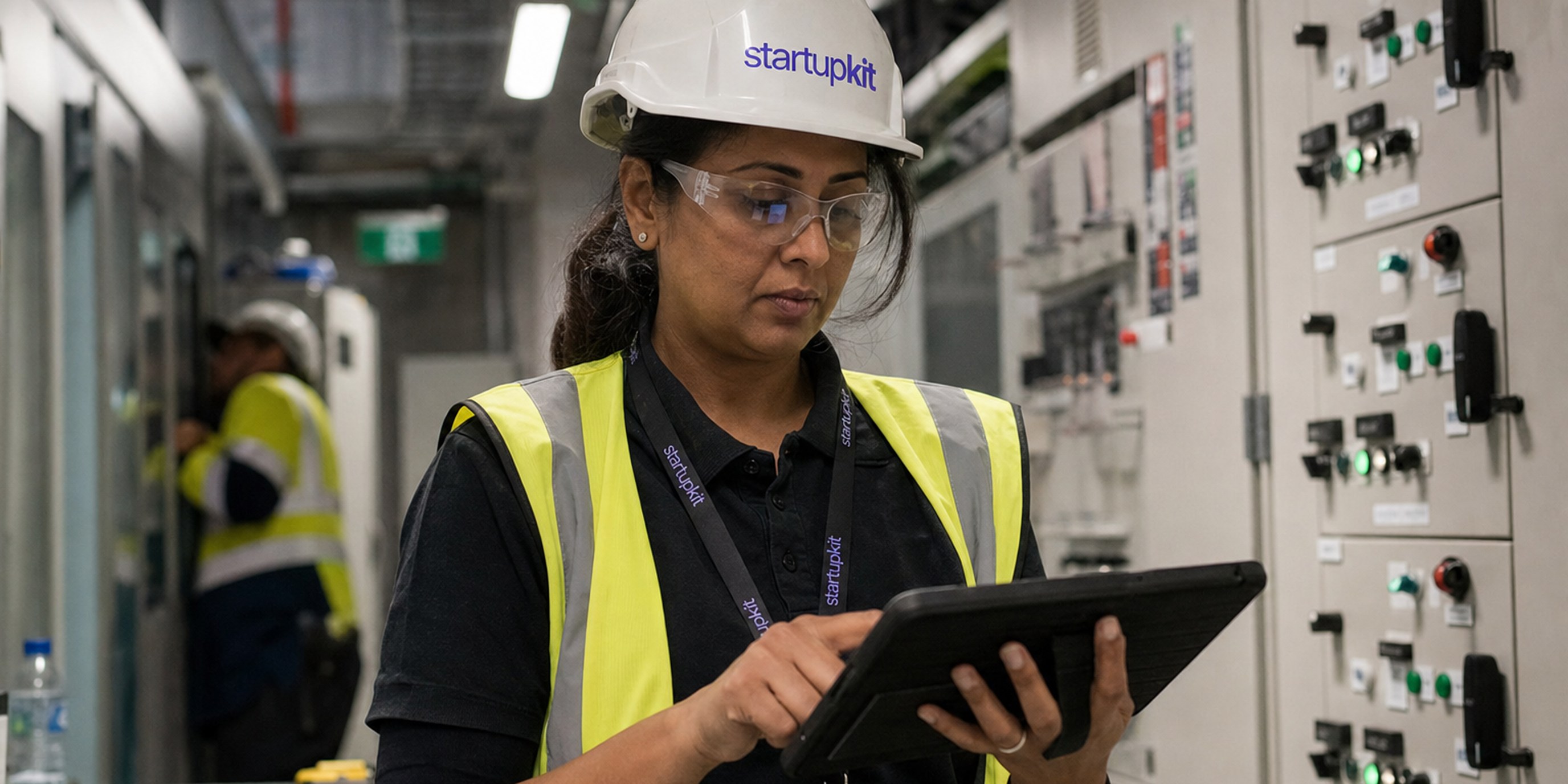 Commissioning manager in a hi-vis vest and hard hat reviewing a Level 5 integrated systems test script on a tablet inside a data center electrical room