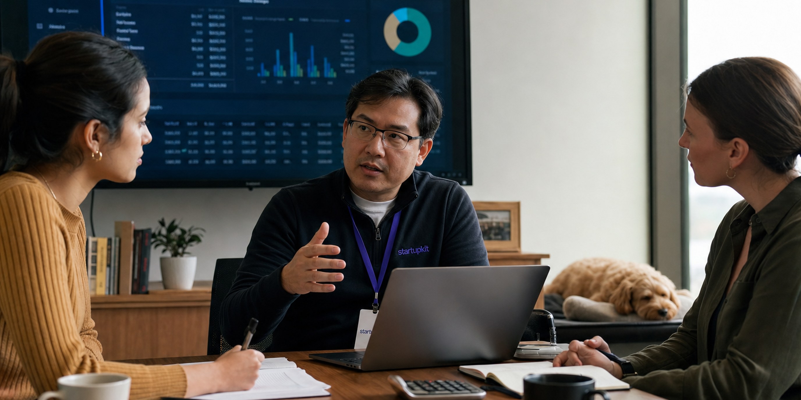 Financial controller leading a month-end close review with two accountants at a conference table, GAAP financial statements and an ERP dashboard on screen
