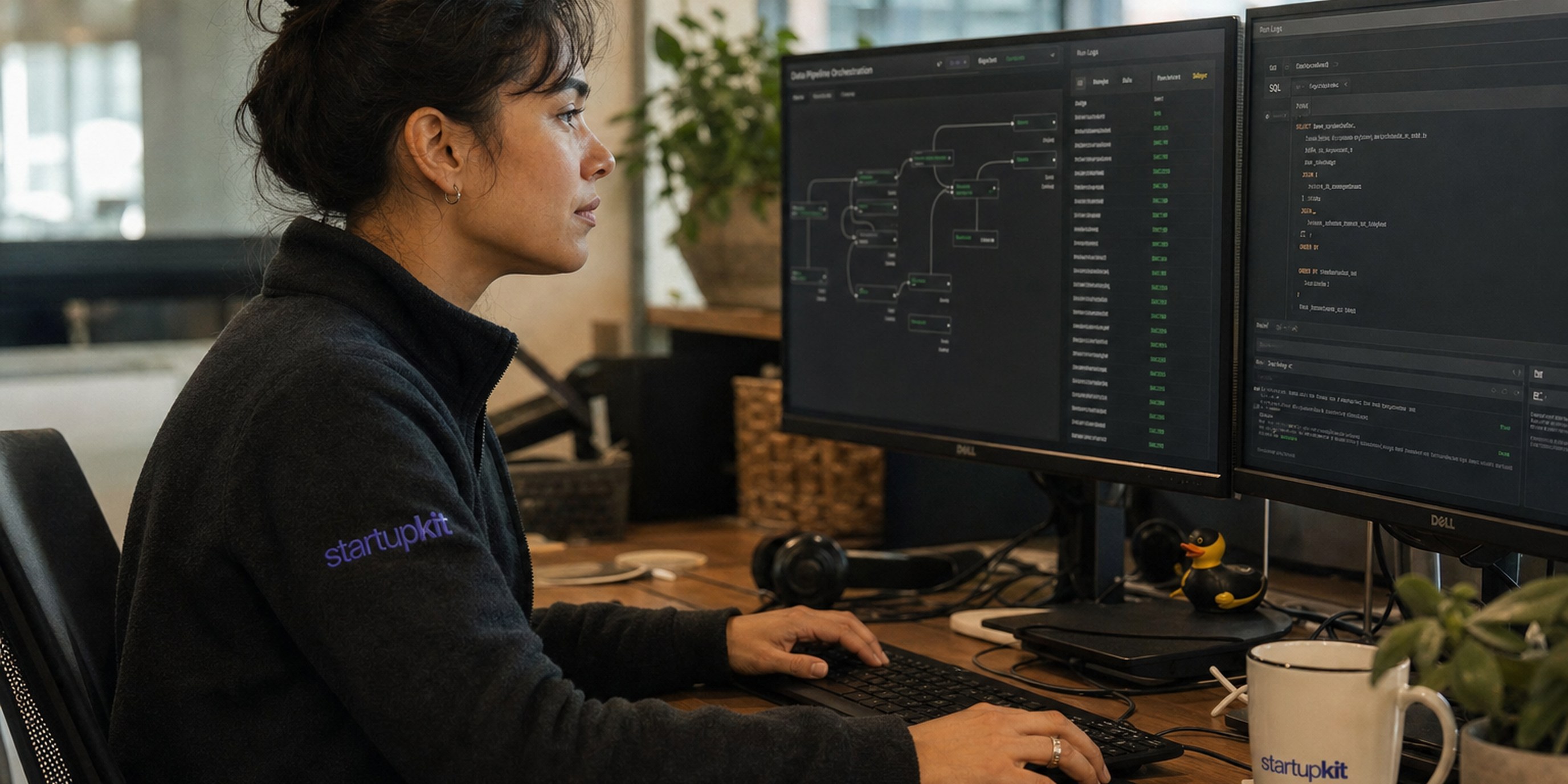 Data engineer reviewing a pipeline orchestration dashboard with SQL and DAG run logs on two monitors