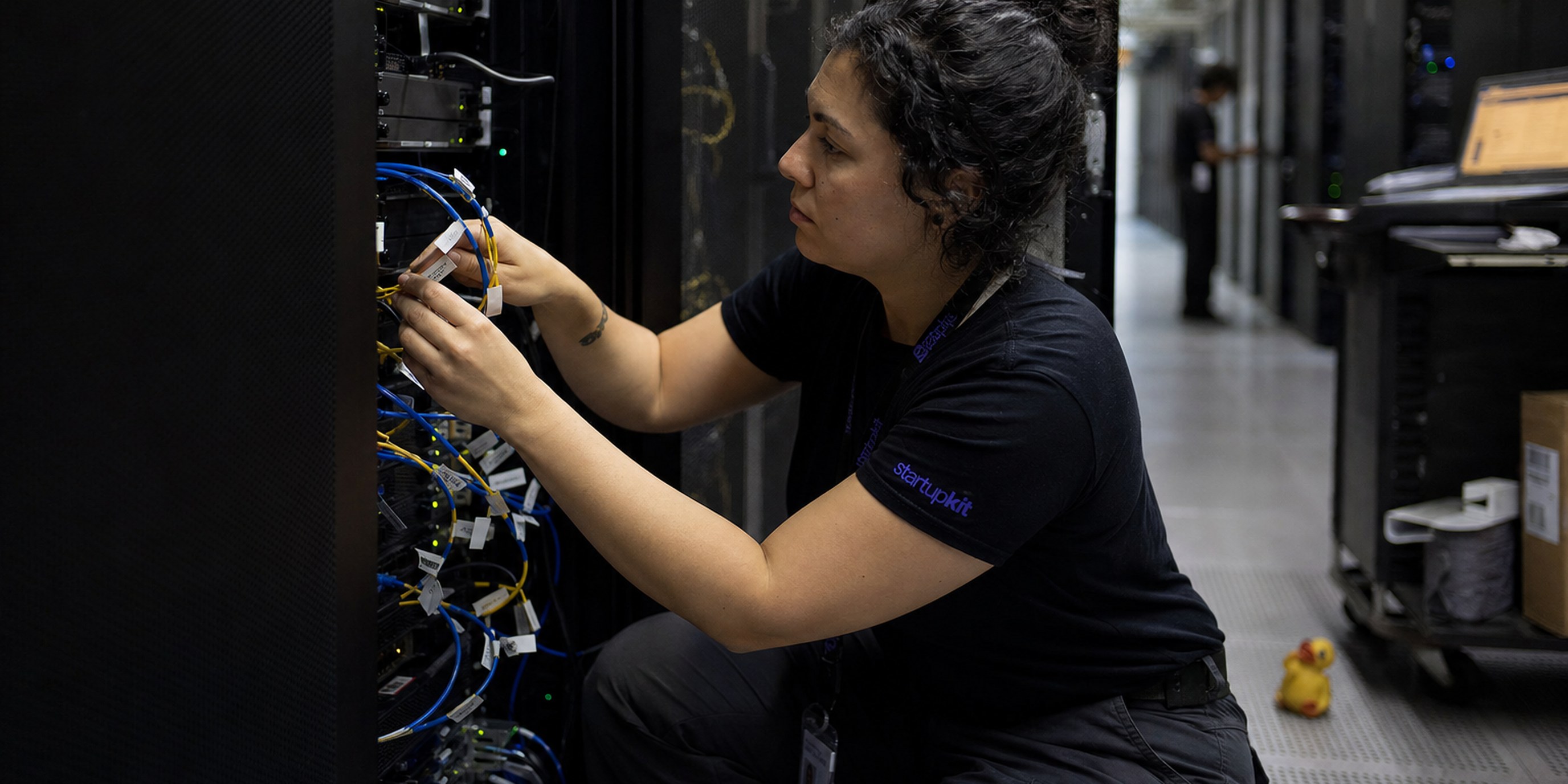 Datacenter technician kneeling at an open server rack, routing labeled fiber and copper cabling in a cold-aisle row of running servers