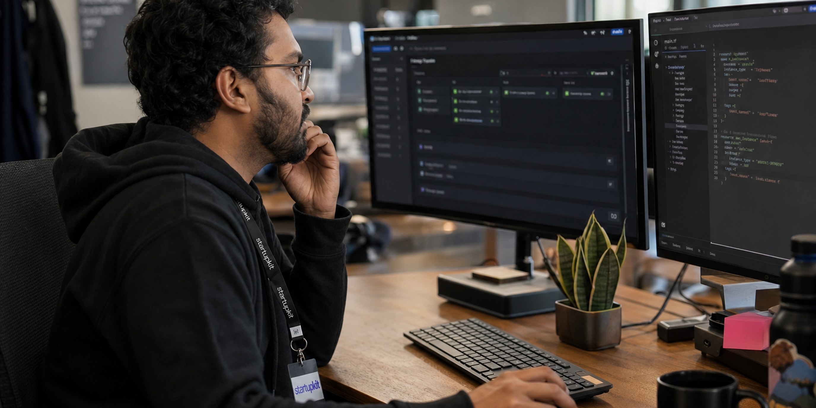 DevOps engineer reviewing a CI/CD pipeline and Terraform infrastructure-as-code on dual monitors while hiring for the role in a startup office