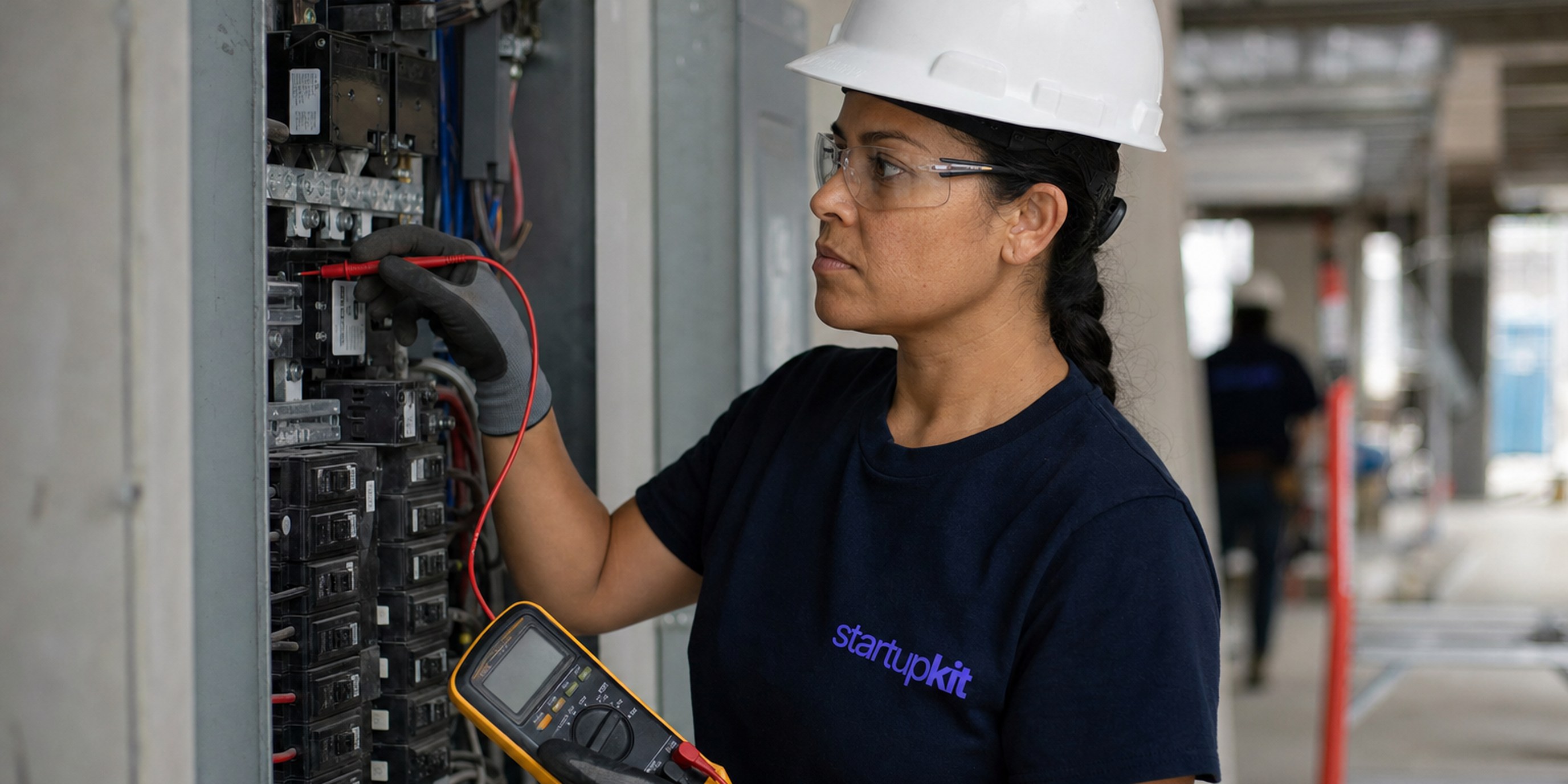 Licensed electrician testing voltage at an open commercial panel on a job site