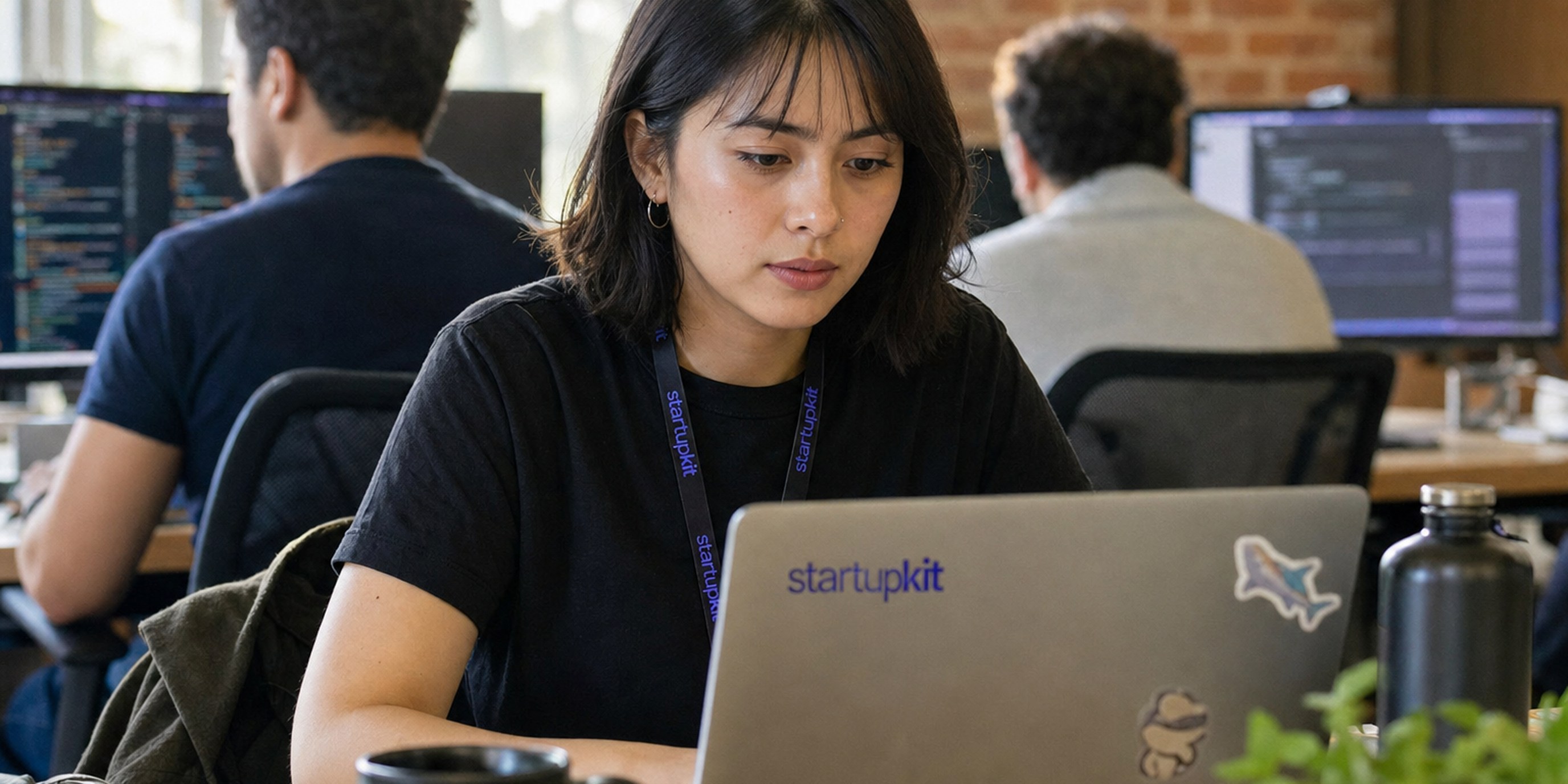 Frontend engineer reviewing a React component library and a Core Web Vitals performance dashboard on a laptop at a startup desk