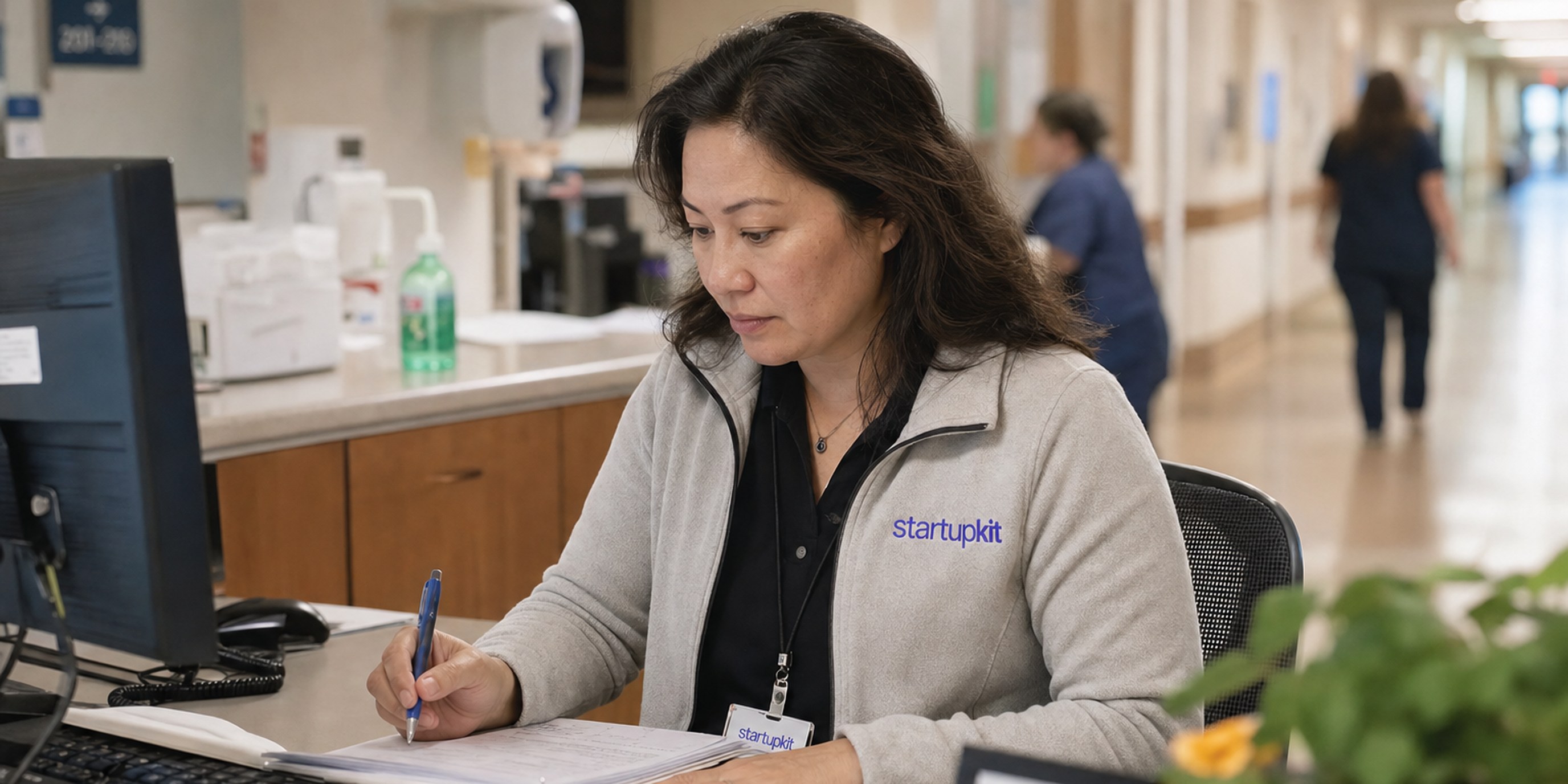 Healthcare administrator reviewing a unit's operating budget at a nurses' station workstation in a hospital corridor