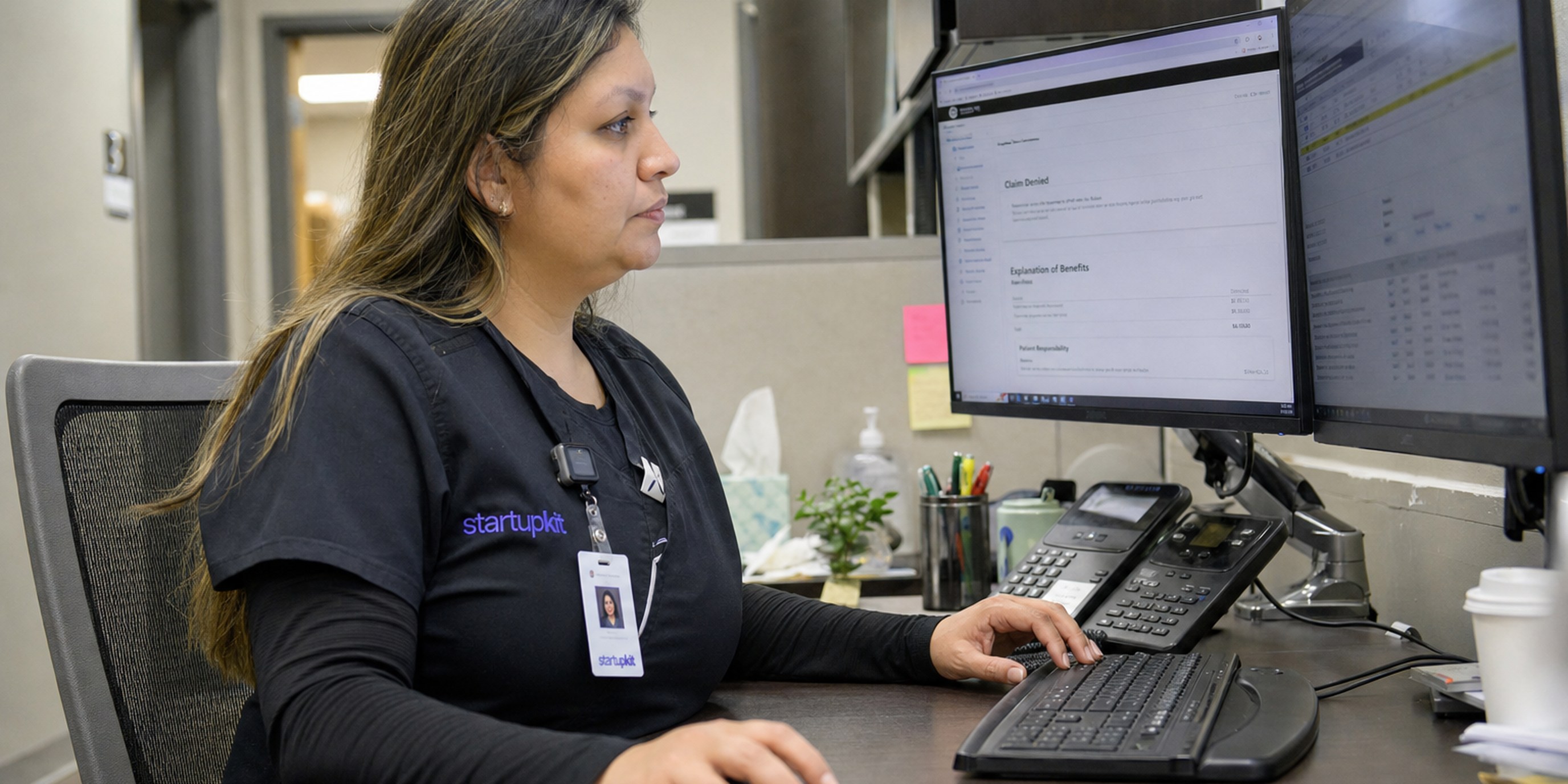 A healthcare reimbursement specialist at a clinic desk reviewing a denied insurance claim and explanation-of-benefits statement on dual monitors to draft an appeal