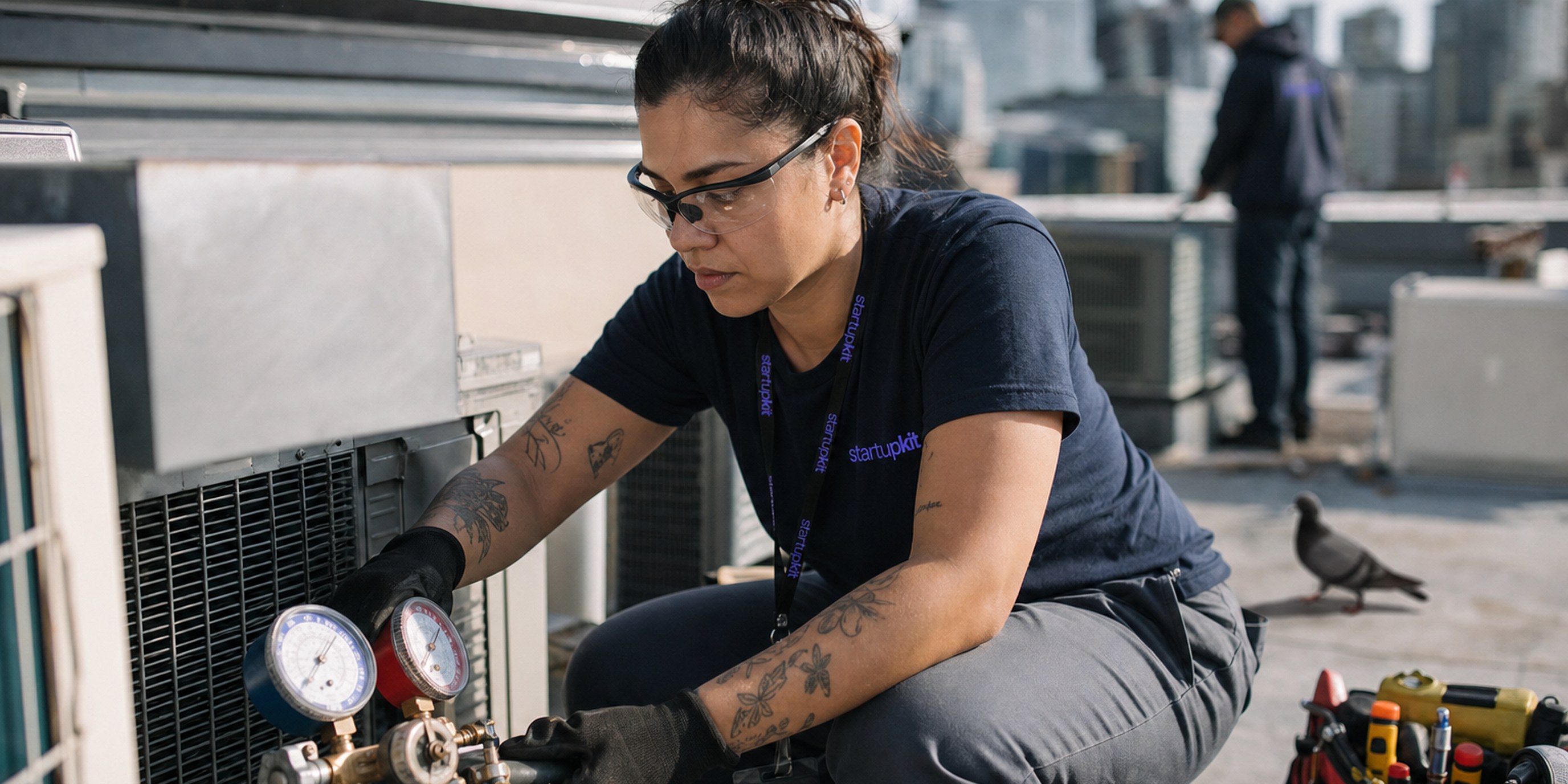 HVAC technician kneeling beside a rooftop condenser unit, reading refrigerant pressure on a manifold gauge