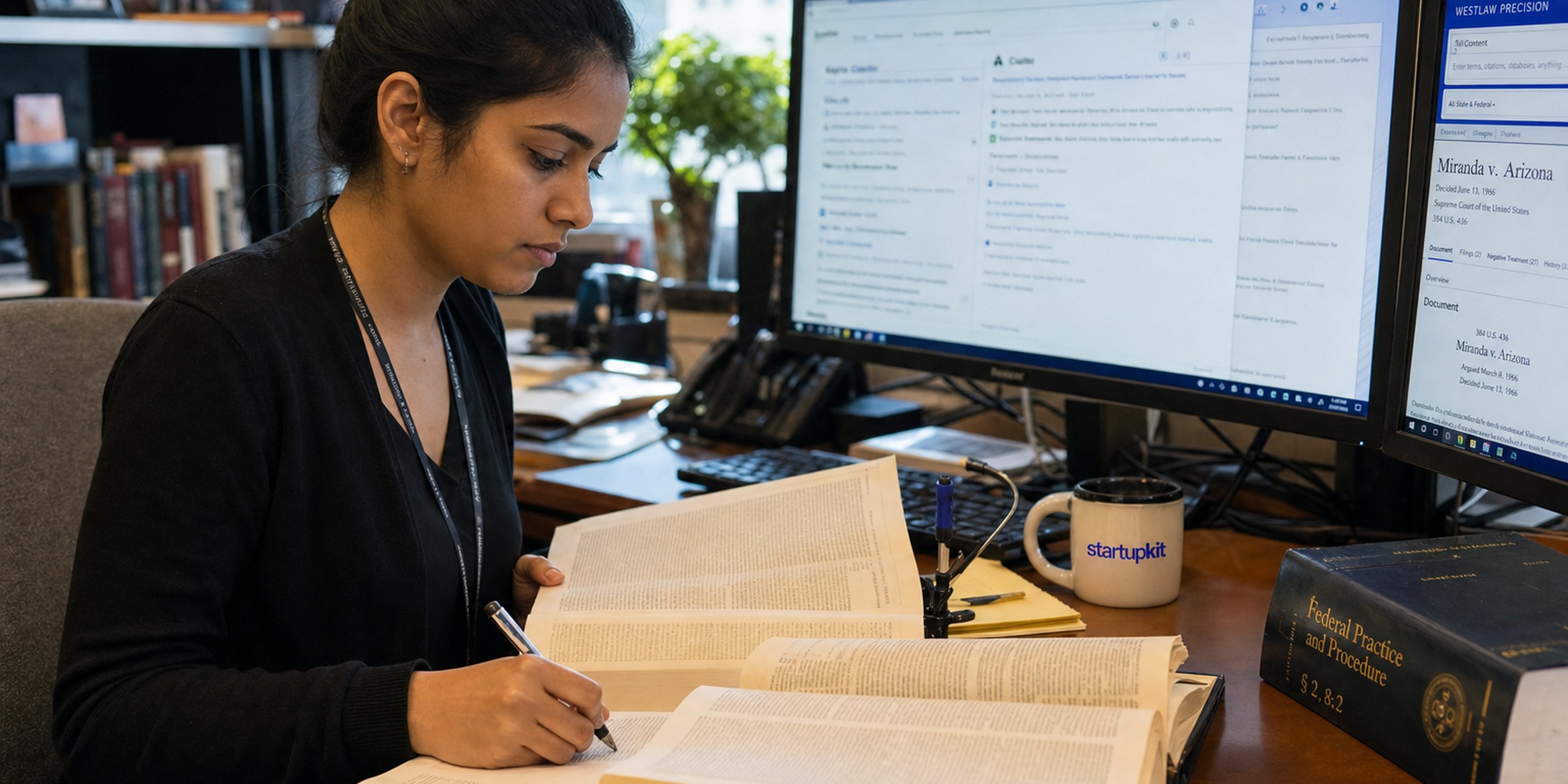 A legal researcher reviewing case citations on dual monitors beside open statute volumes in a law office