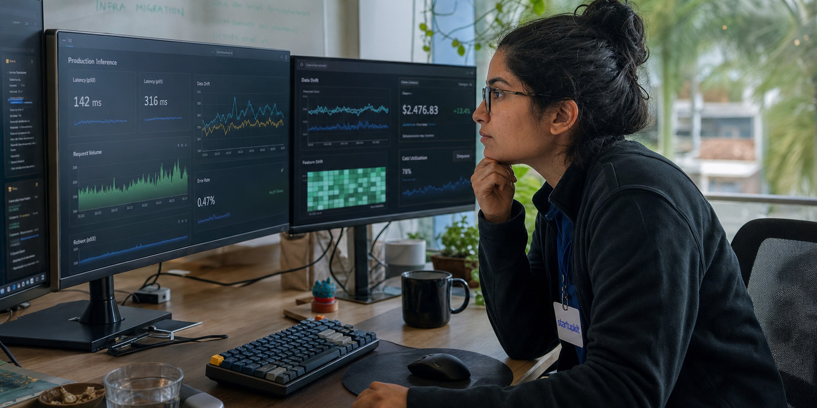 MLOps engineer reviewing production inference latency, drift, and GPU cost dashboards on a multi-monitor startup setup