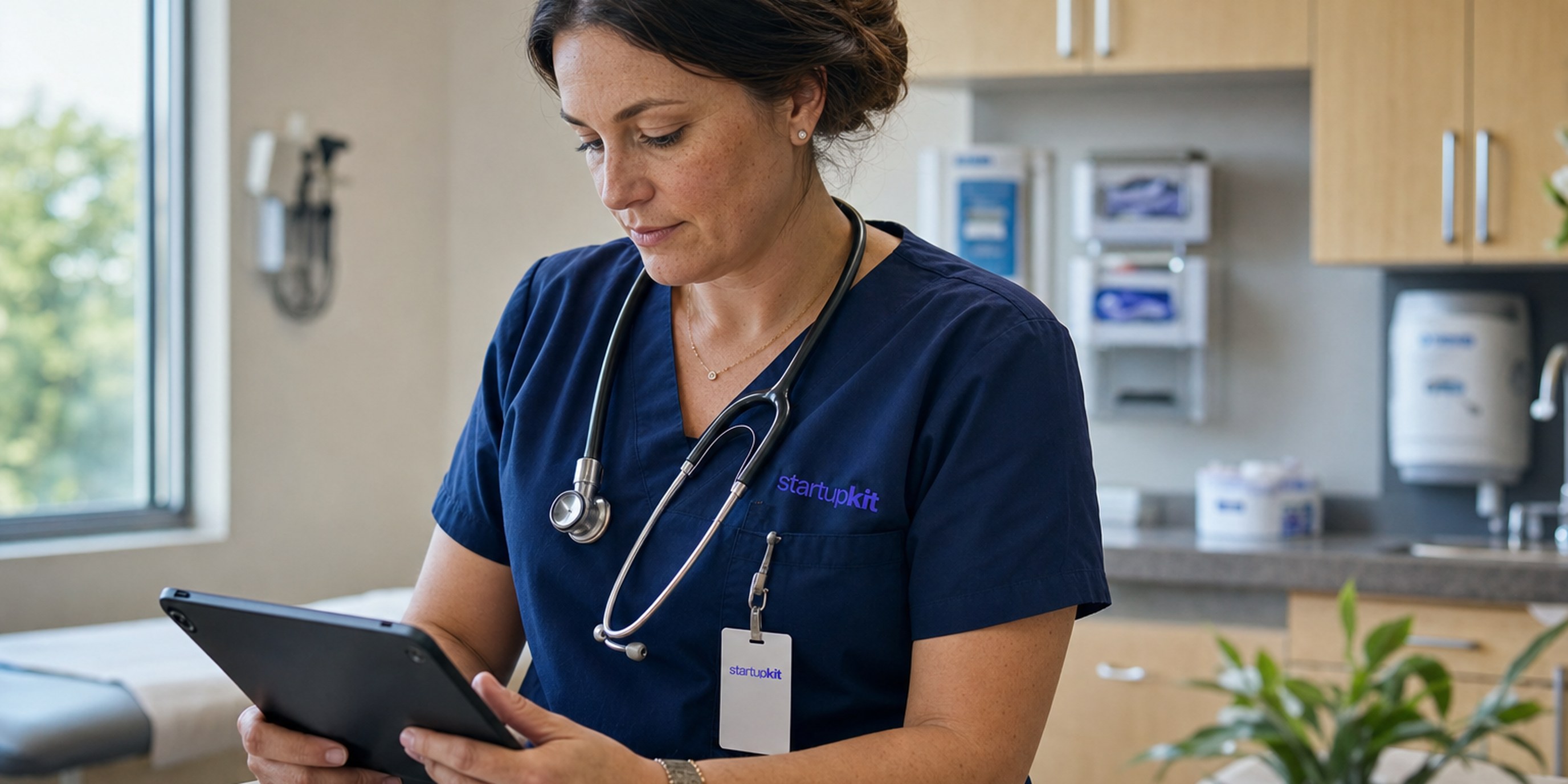 A newly hired nurse practitioner reviewing a patient chart on a tablet at a clinic exam-room workstation