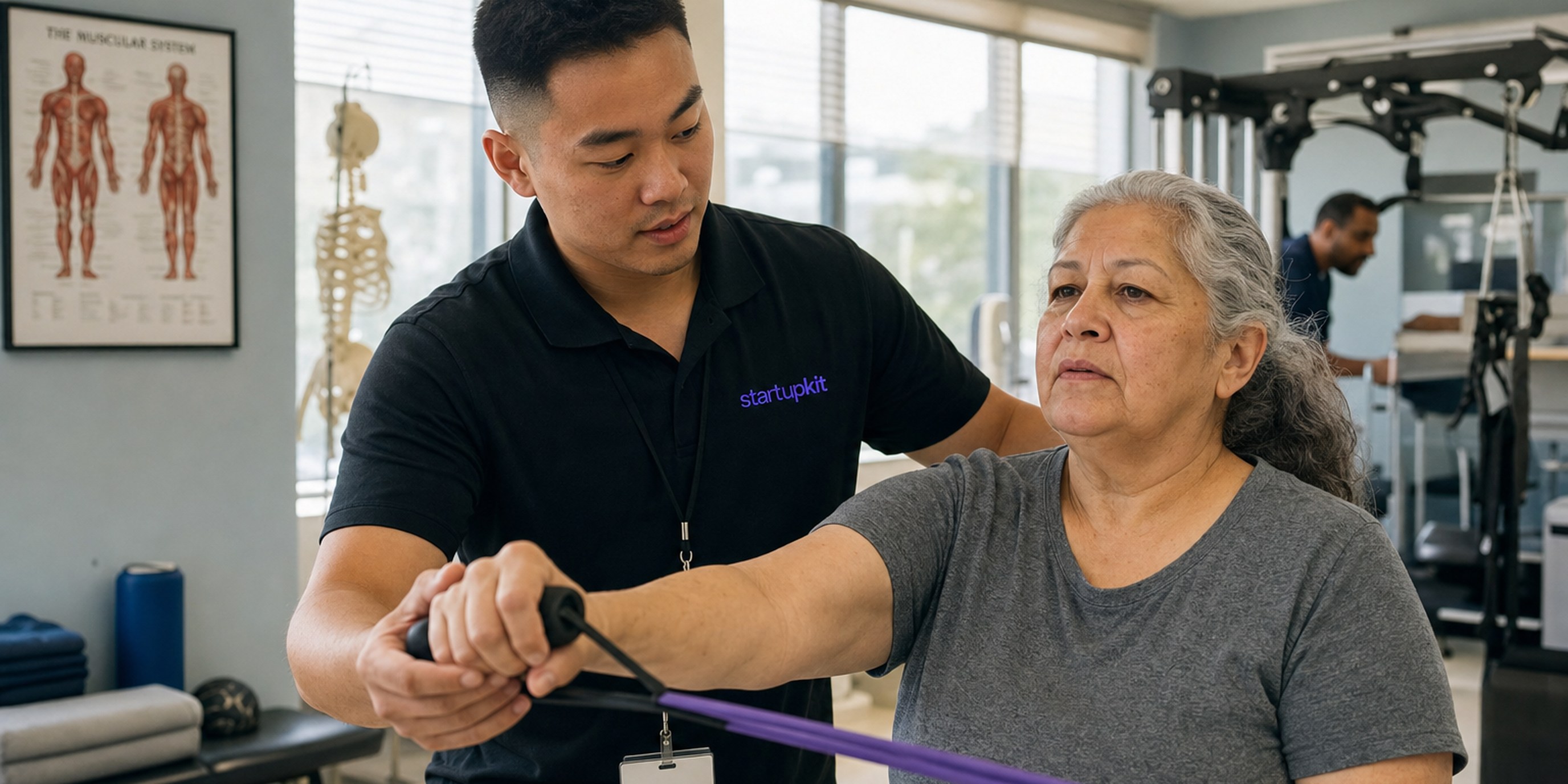 Physical therapist assistant guiding an older patient through a resistance-band exercise in a bright outpatient rehab clinic