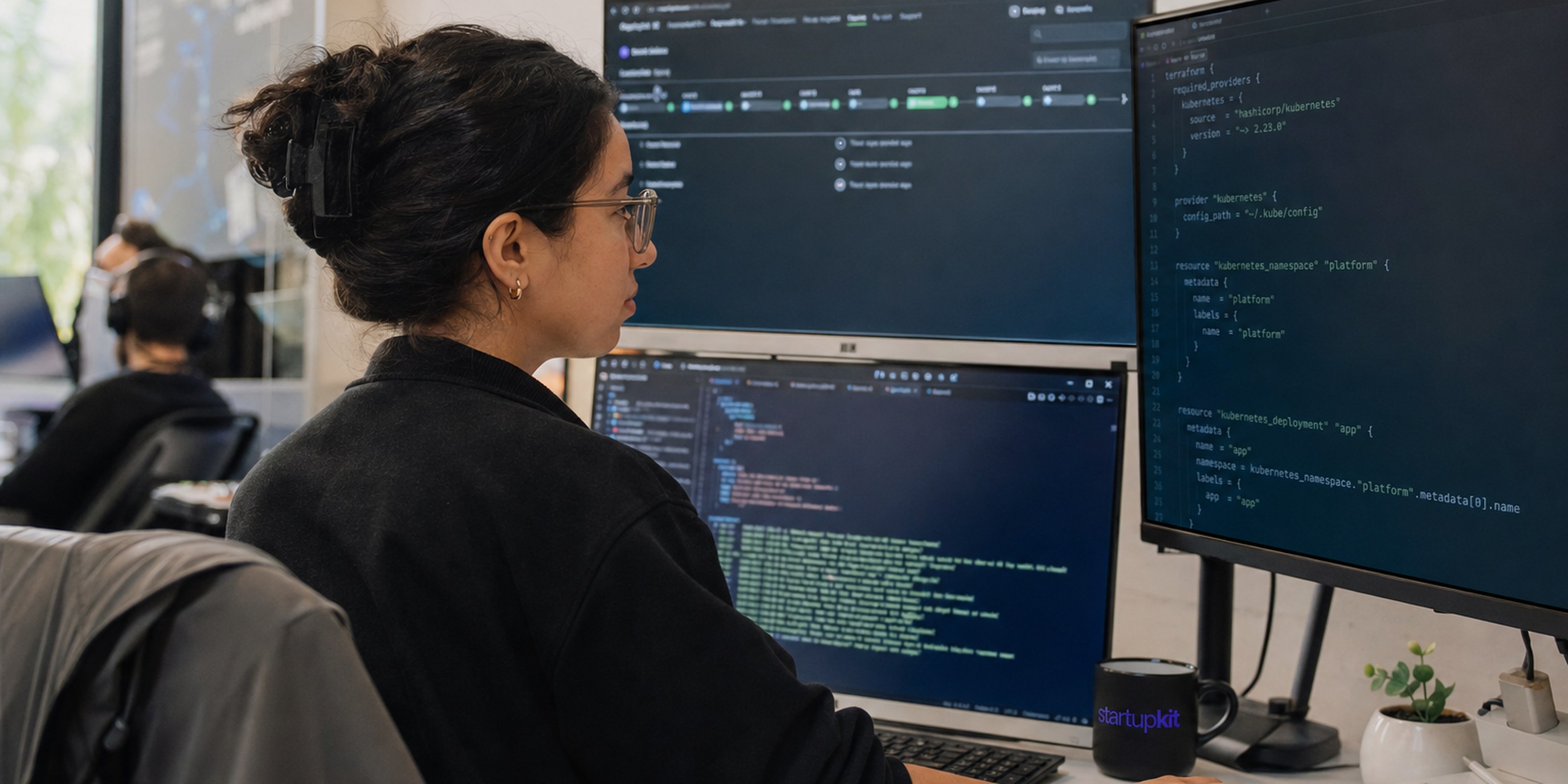 Platform engineer reviewing a Kubernetes deploy pipeline and Terraform module on a multi-monitor setup in an office