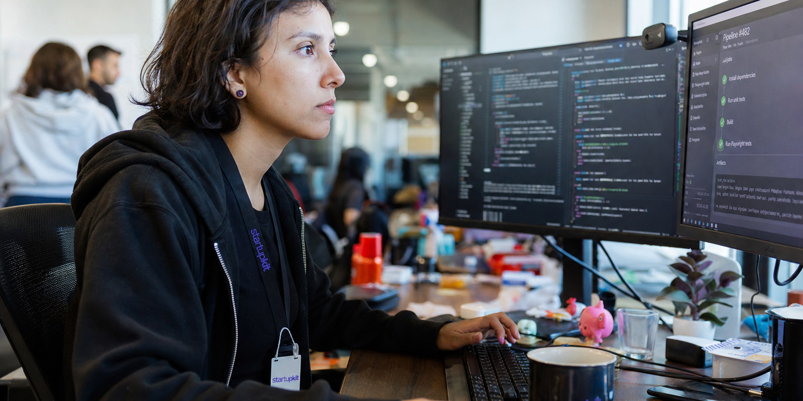 QA automation engineer at a dual-monitor workstation reviewing a Playwright test suite and a CI pipeline run