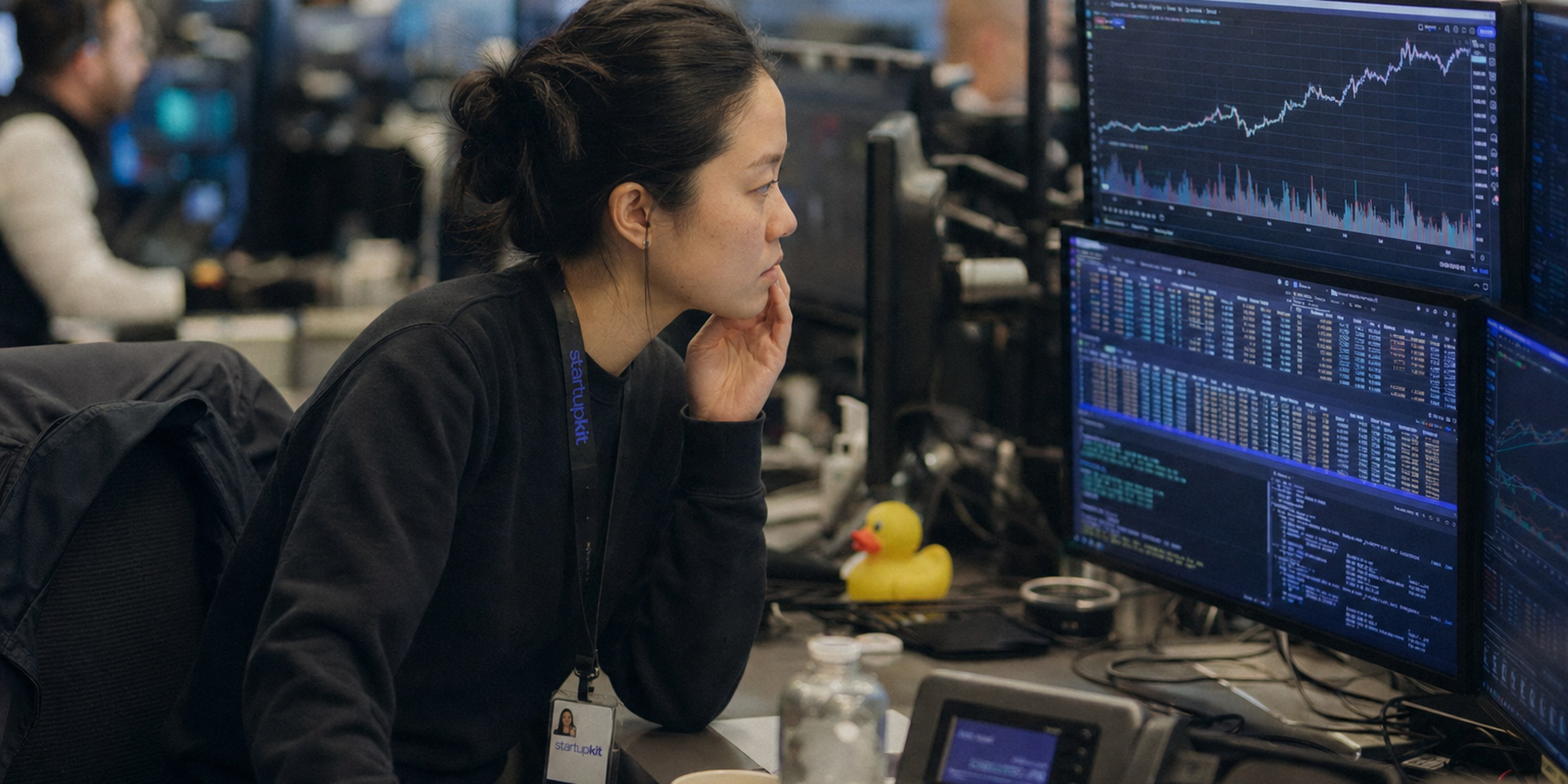 A quantitative researcher reviewing a backtest equity curve and statistical output on dual monitors at a trading-floor desk