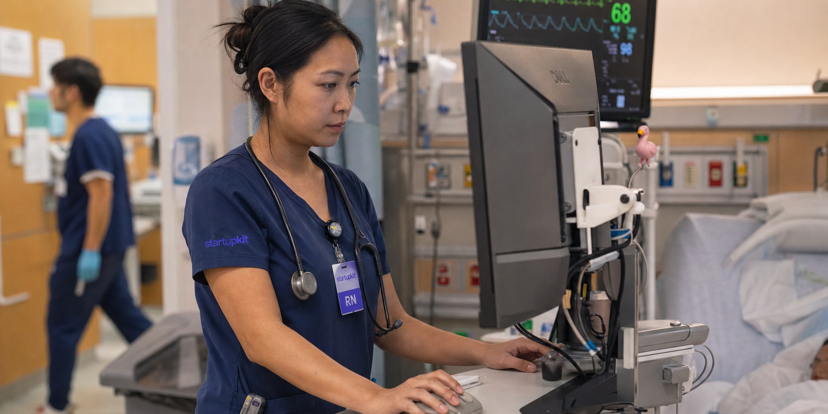 Registered nurse in scrubs reviewing a patient monitor at a hospital bedside while updating an electronic health record on a bedside workstation
