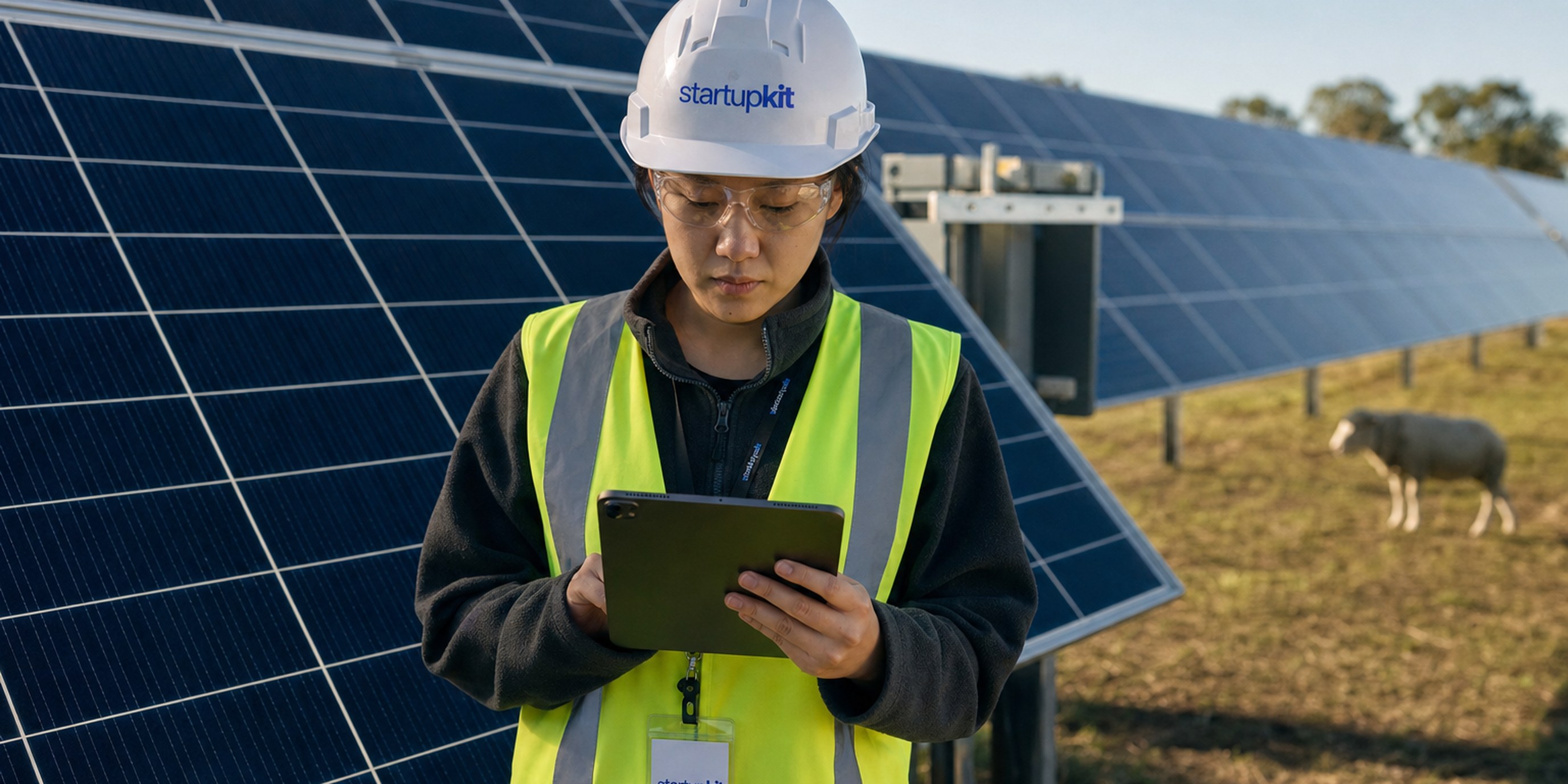 Renewable energy engineer reviewing solar PV string layouts on a tablet beside ground-mounted photovoltaic arrays in a solar field