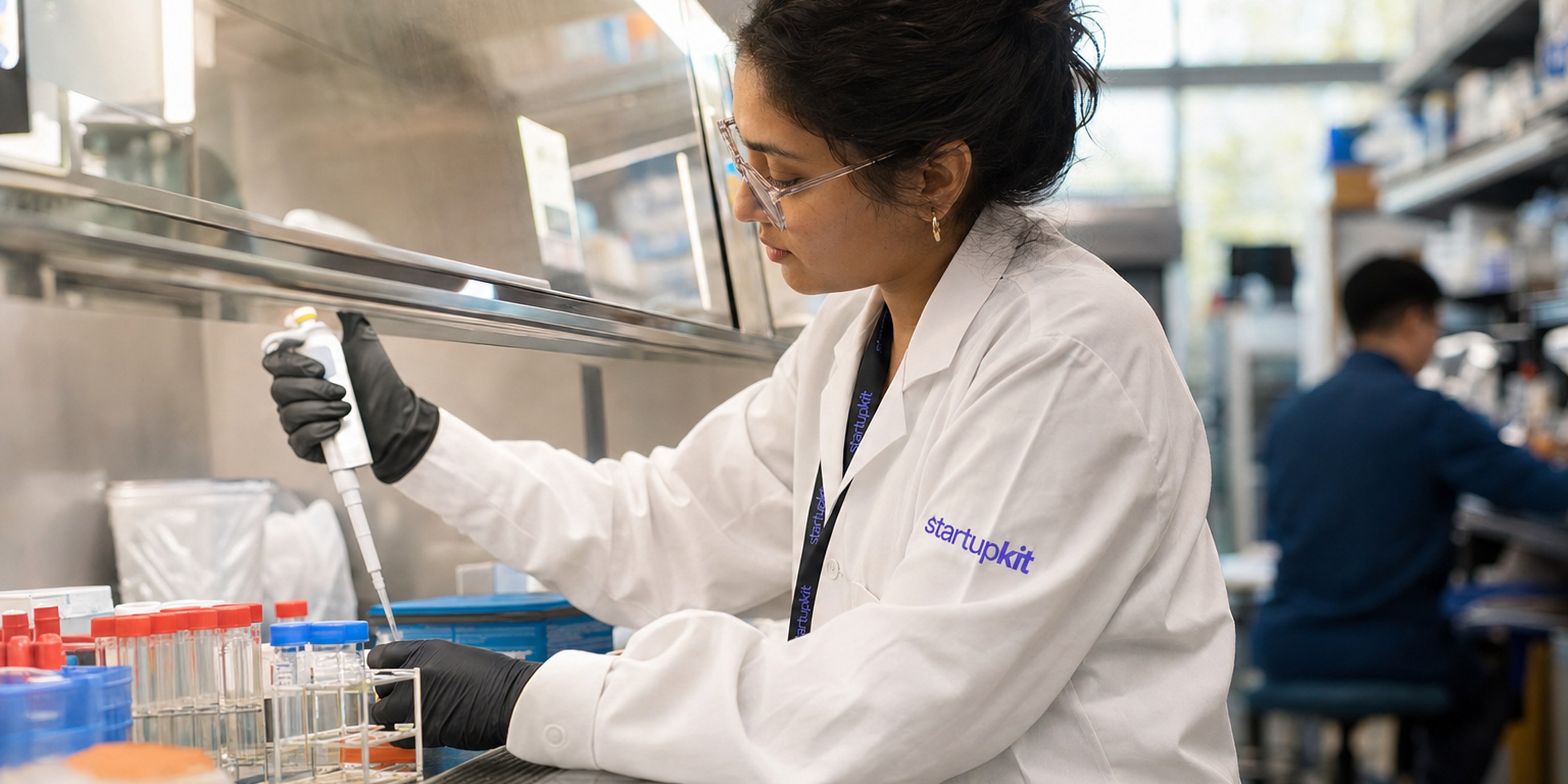 Research scientist pipetting cell-culture samples under a laminar-flow hood in a biotech discovery lab