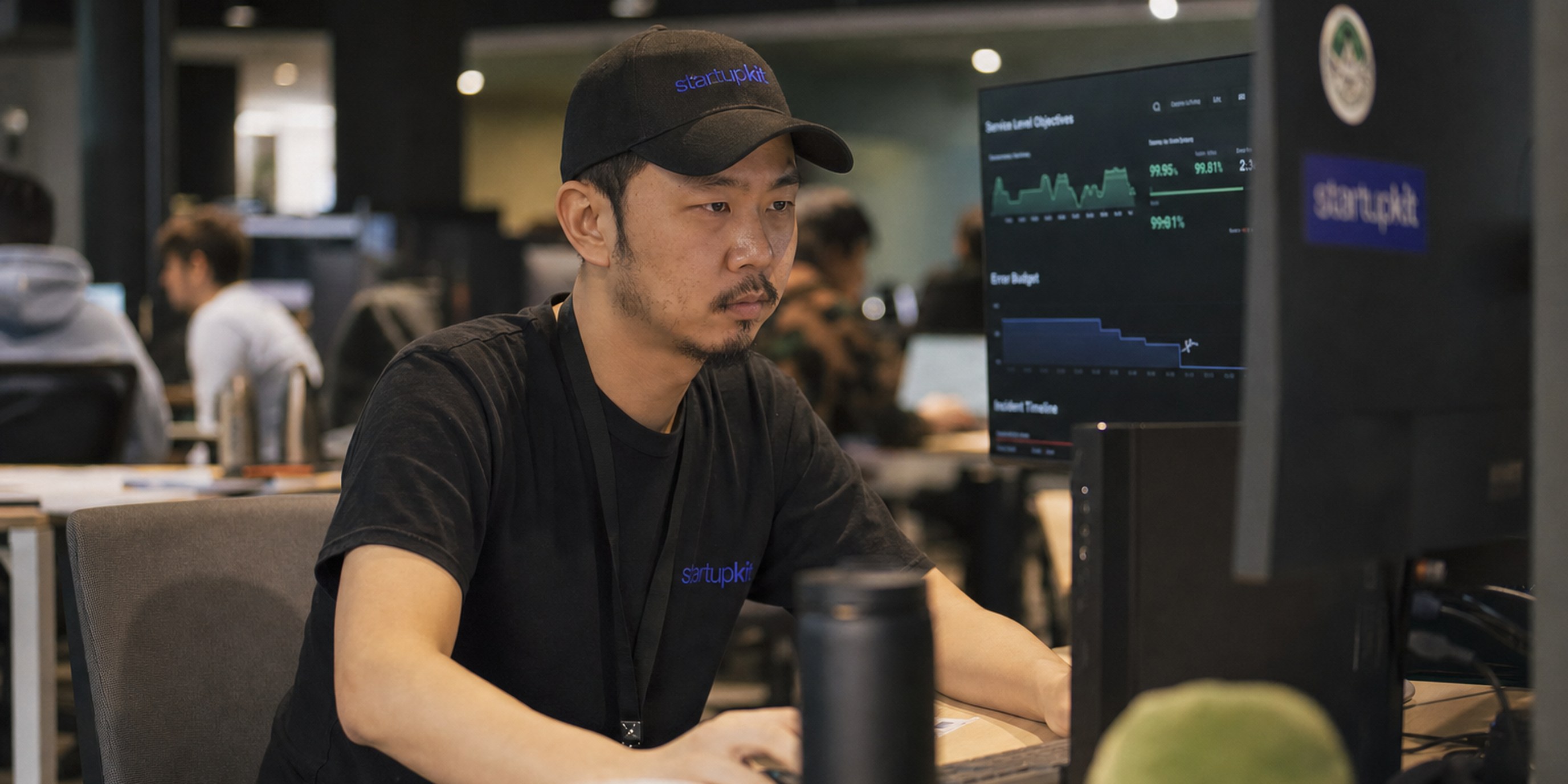Site Reliability Engineer reviewing service level objectives and error-budget dashboards during an incident