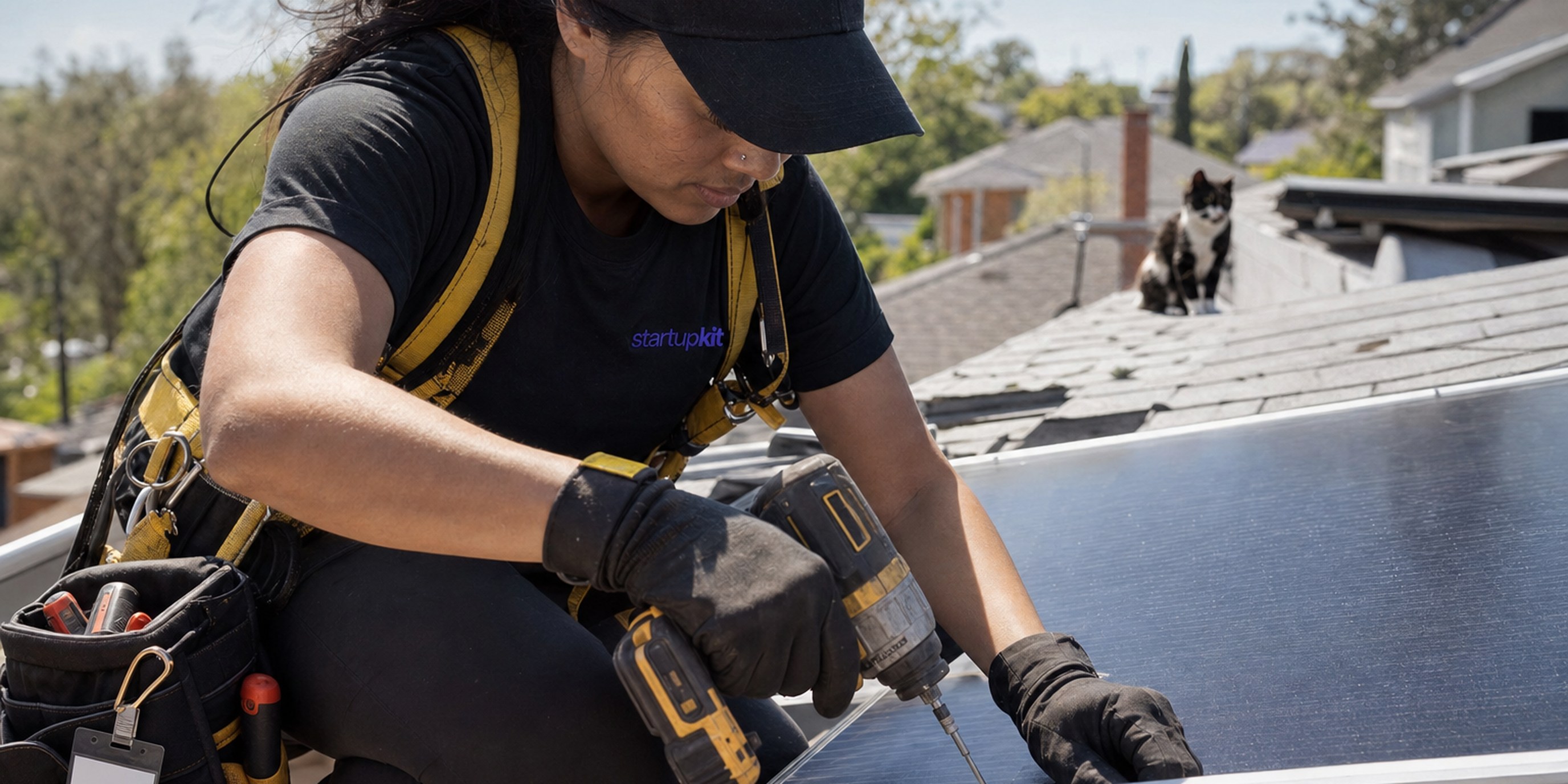 Solar installer in a harness securing a panel to roof racking on a residential rooftop on a clear day
