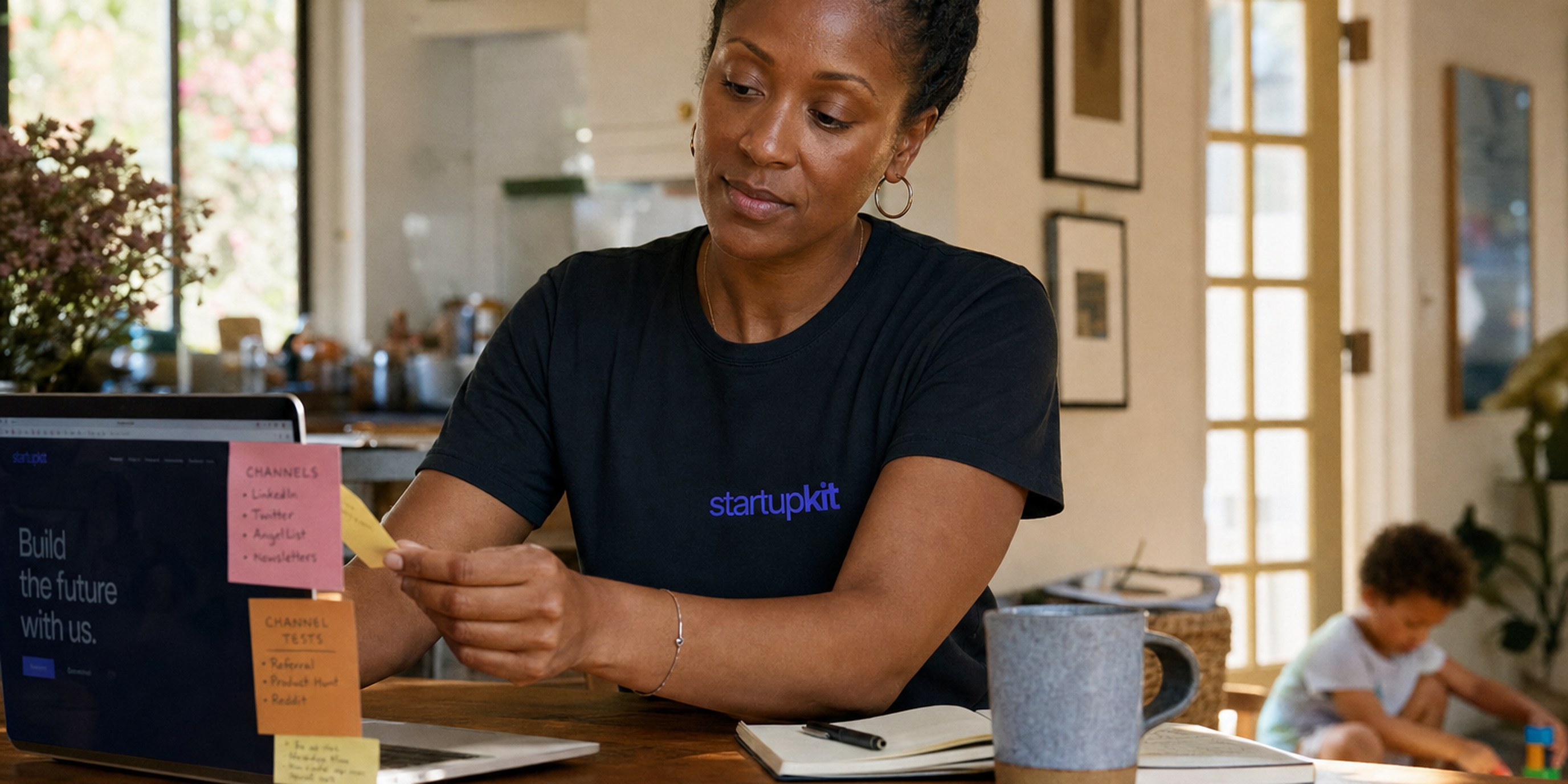 A startup founder at a sunlit kitchen-table desk reviewing a career page on her laptop while crossing 'Indeed' off a sticky-note list of hiring channels
