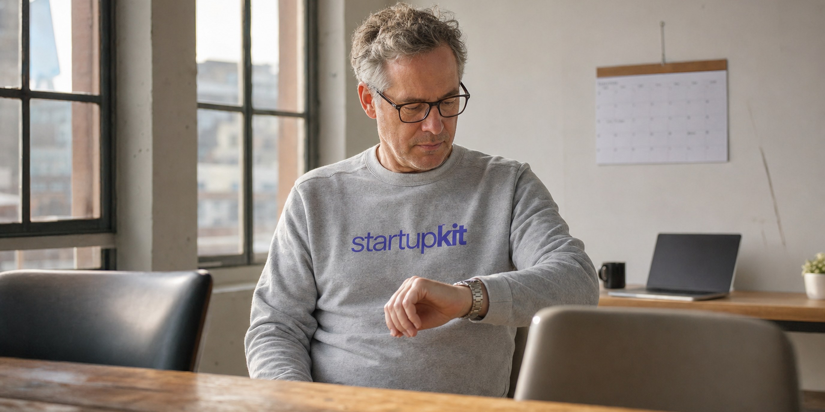 Startup hiring lead in a startupkit crewneck checking his watch beside two empty chairs in a daylit interview room as a scheduled candidate slips away