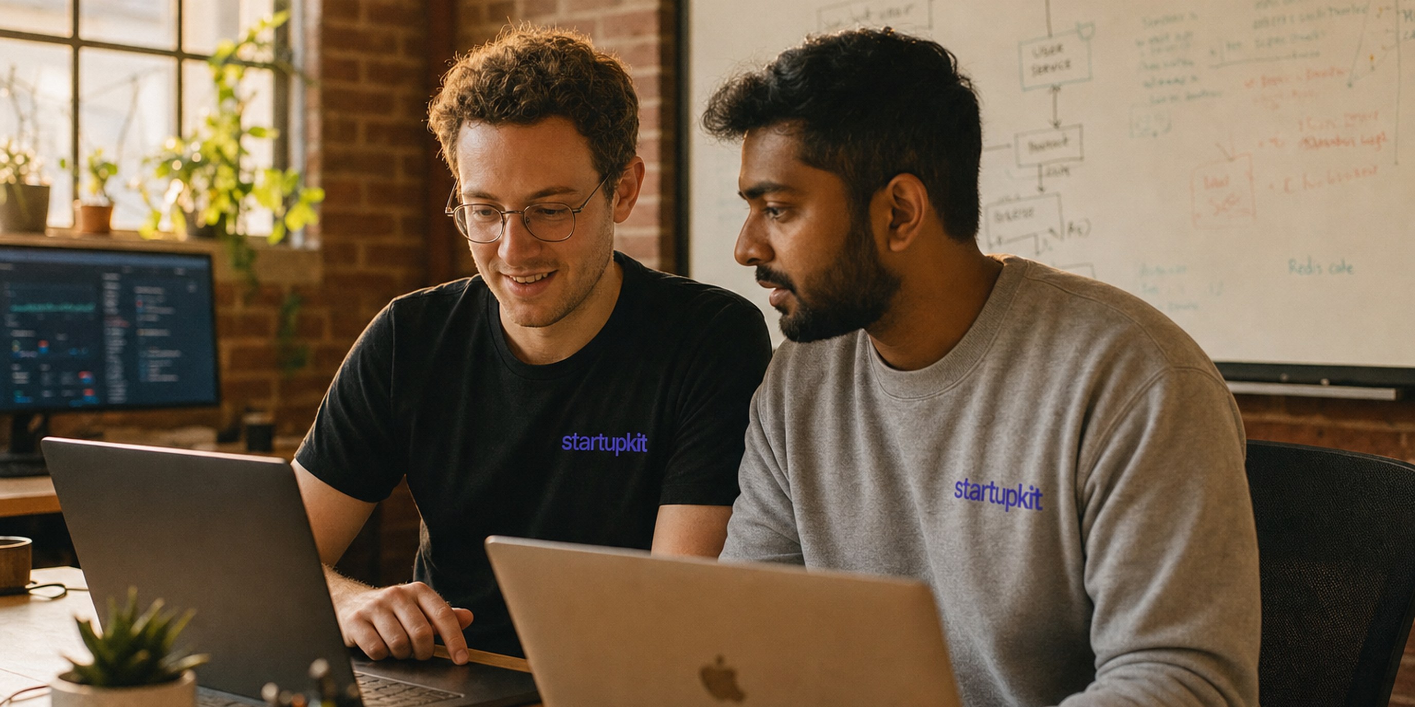 Two engineers in startupkit merch pair-programming in a relaxed technical interview